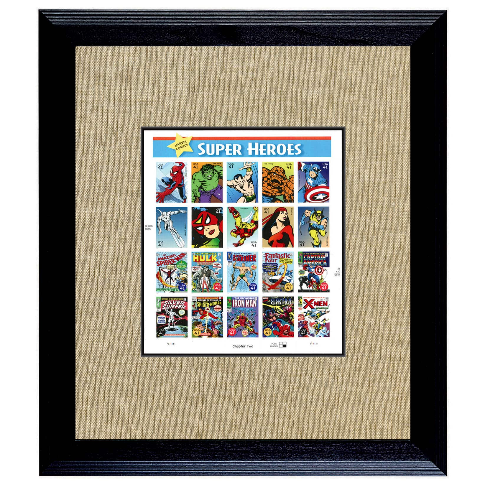 Super Heroes 2 U.S. Stamp Sheet in 16&#x22; x 14&#x22; Wood Frame