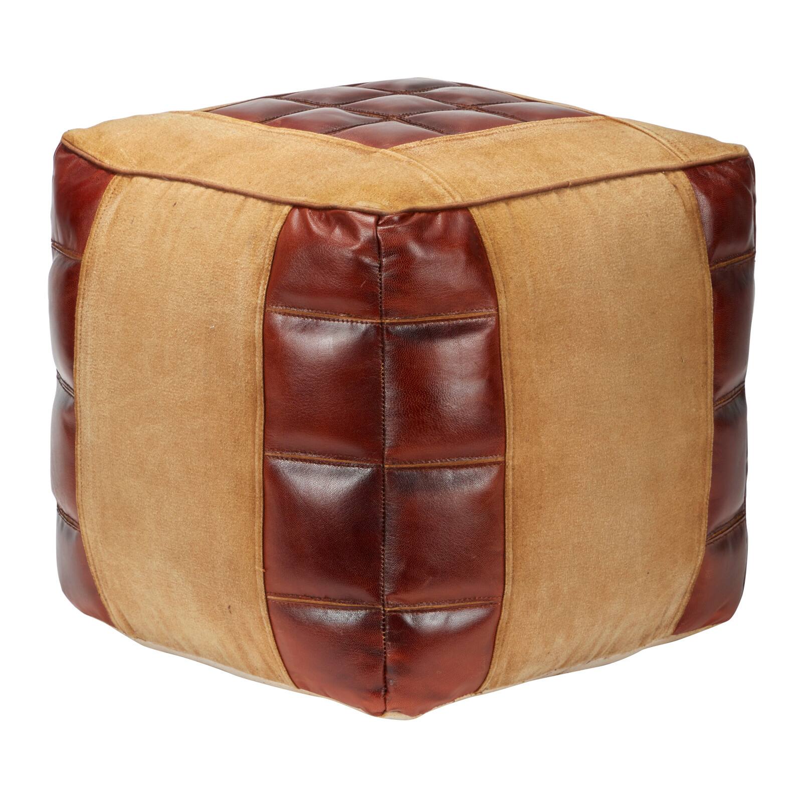 Brown Canvas and Leather Rustic Pouf, 17" x 20" x 20"