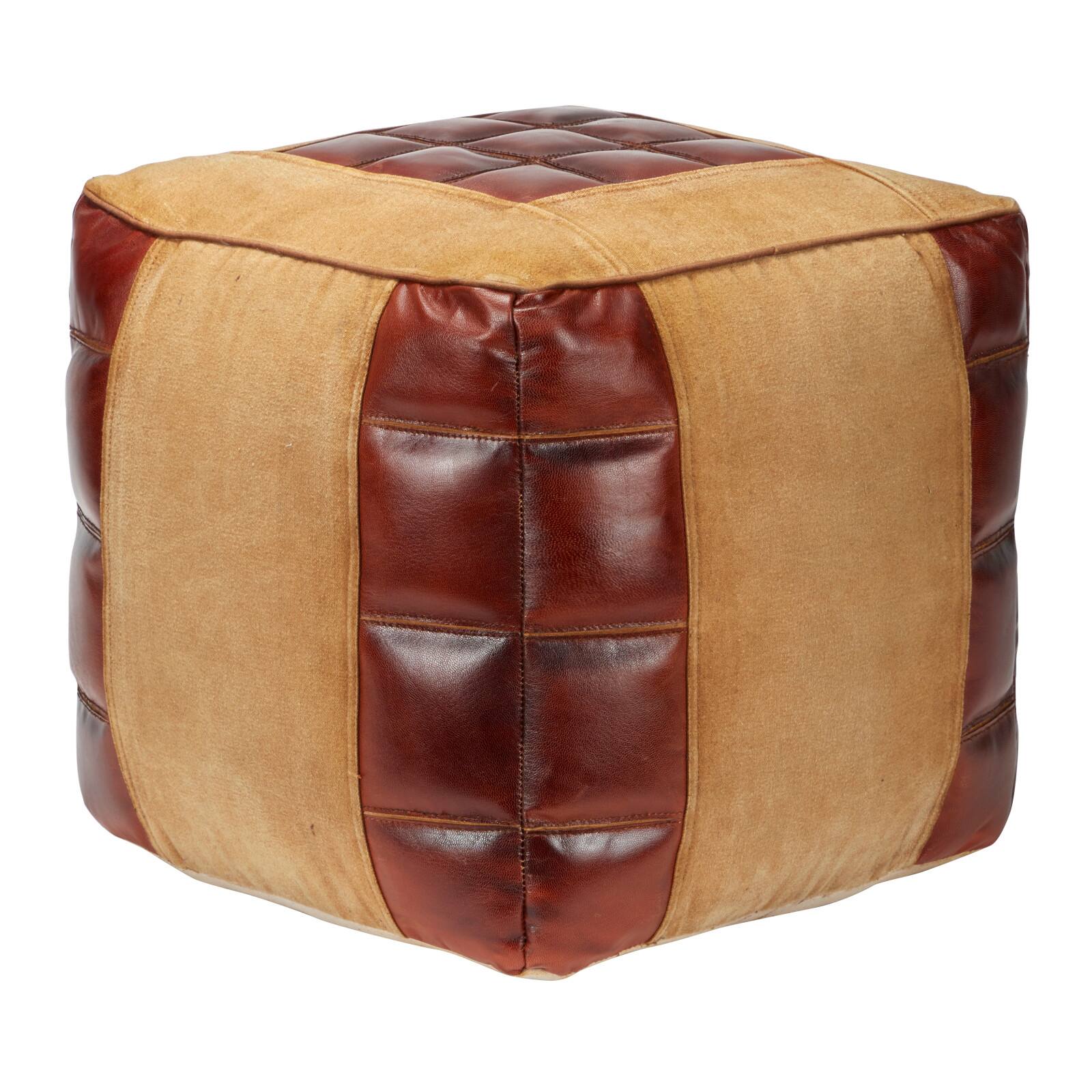 Brown Canvas and Leather Rustic Pouf, 17&#x22; x 20&#x22; x 20&#x22;