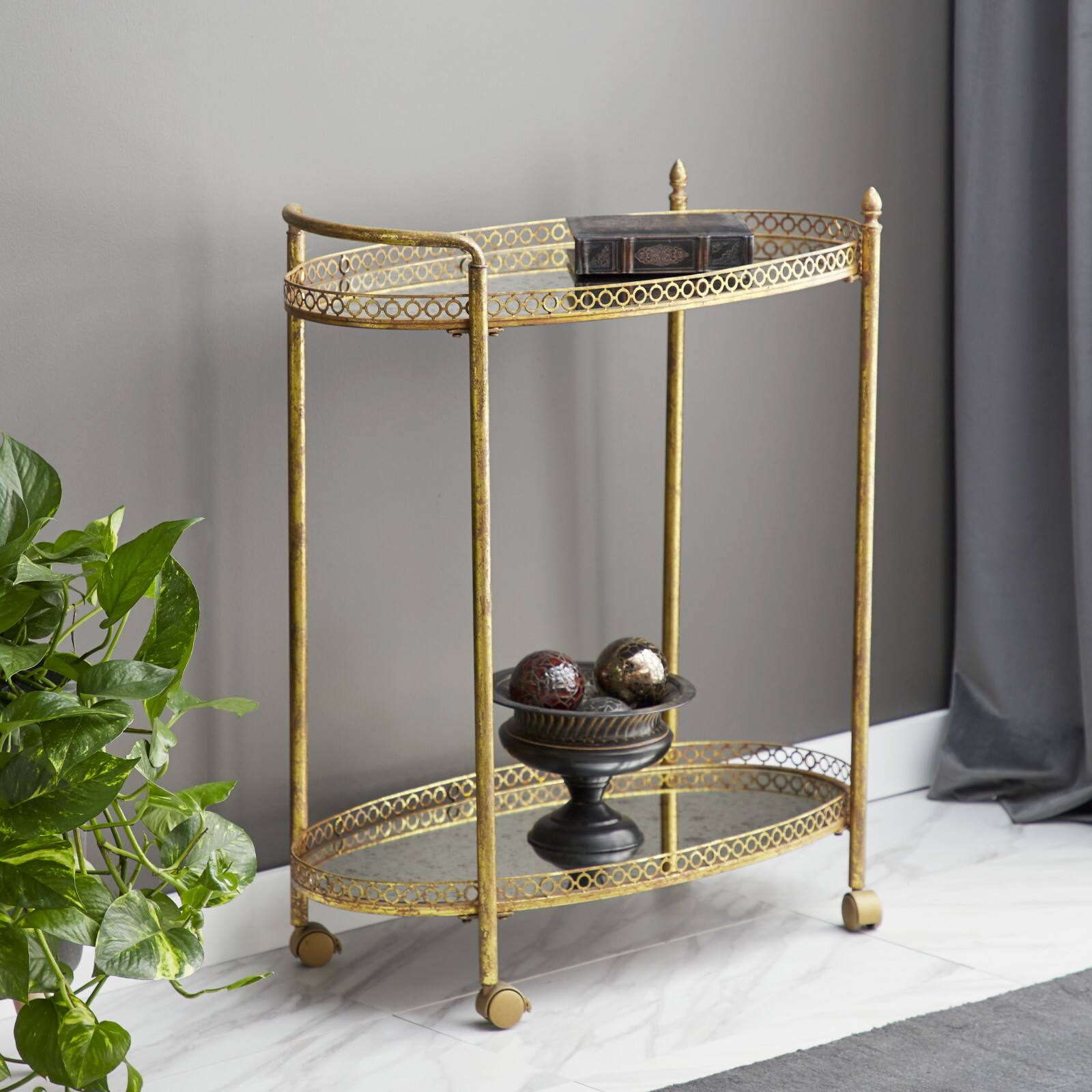 Gold Iron and Glass Traditional Bar Cart, 35&#x22; x 30&#x22; x 16&#x22;