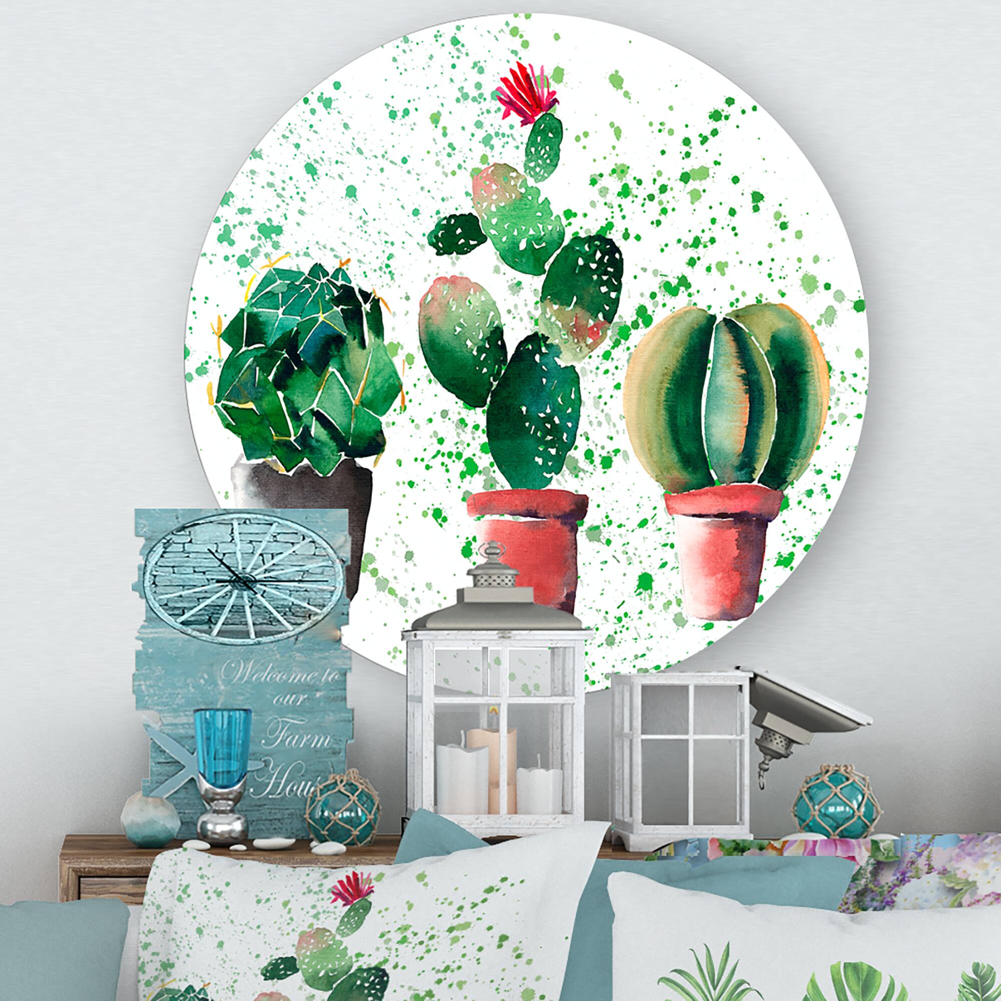 Designart - Three Cacti In Clay Pots - Traditional Metal Circle Wall Art