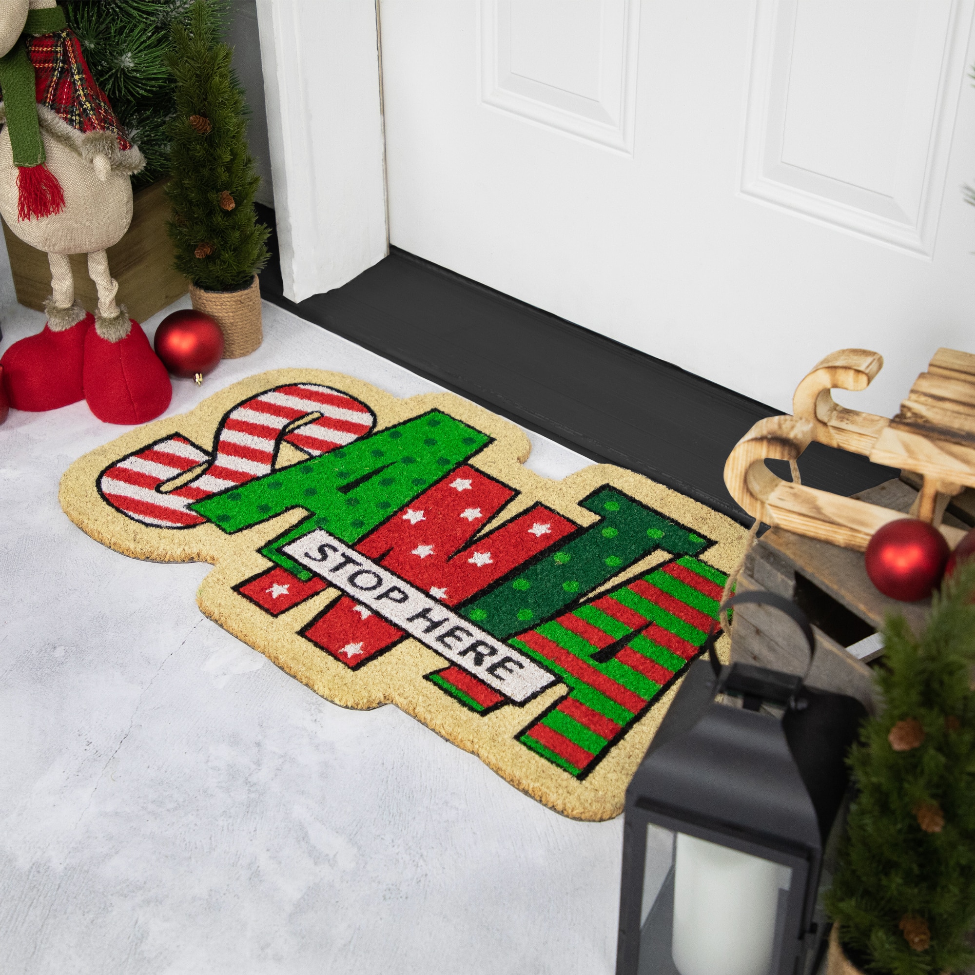 Red and Green &#x22;Santa Stop Here&#x22; Outdoor Christmas Doormat 18&#x22; x 30&#x22;