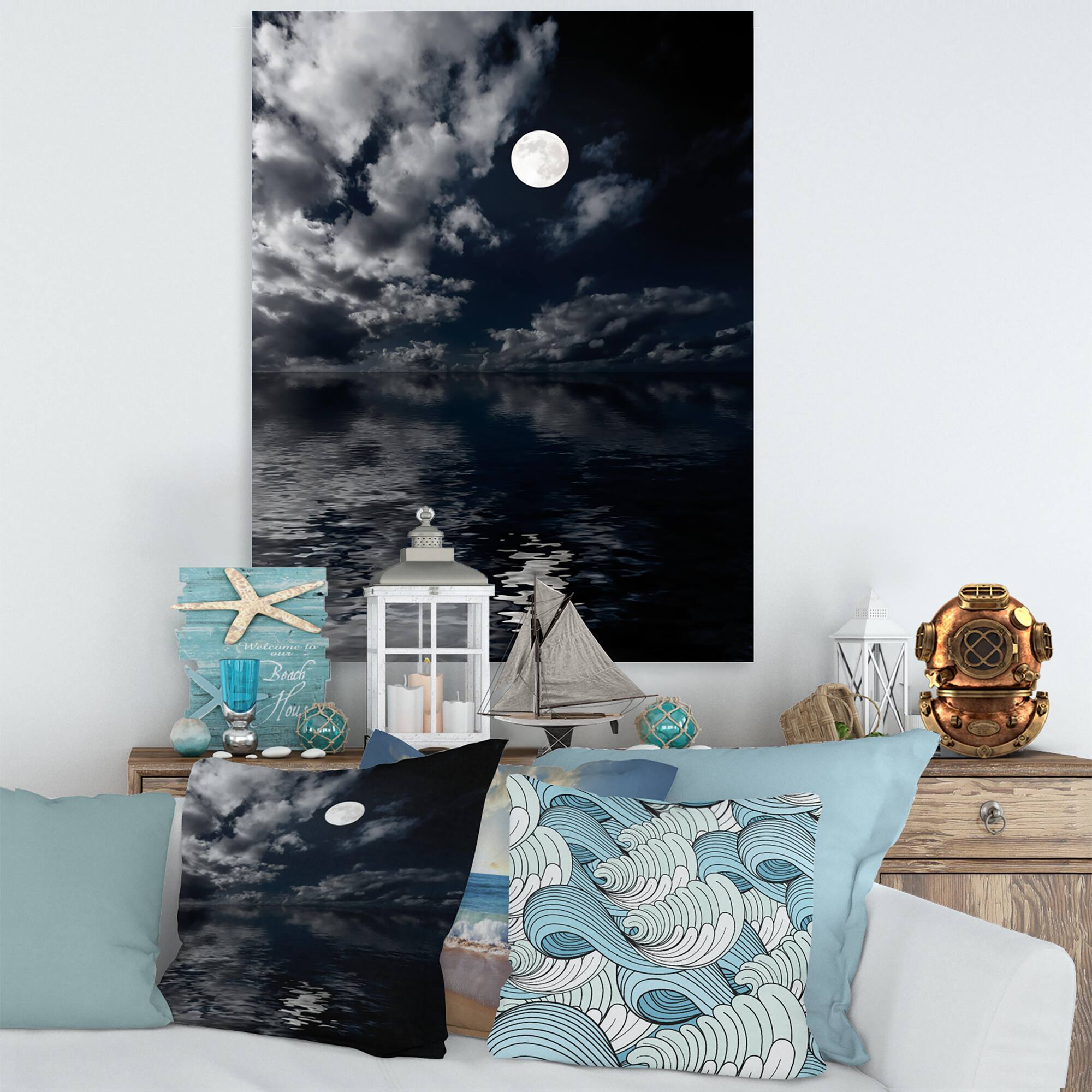 Designart - Full Moon In Cloudy Night Sky IV - Nautical &#x26; Coastal Canvas Wall Art Print