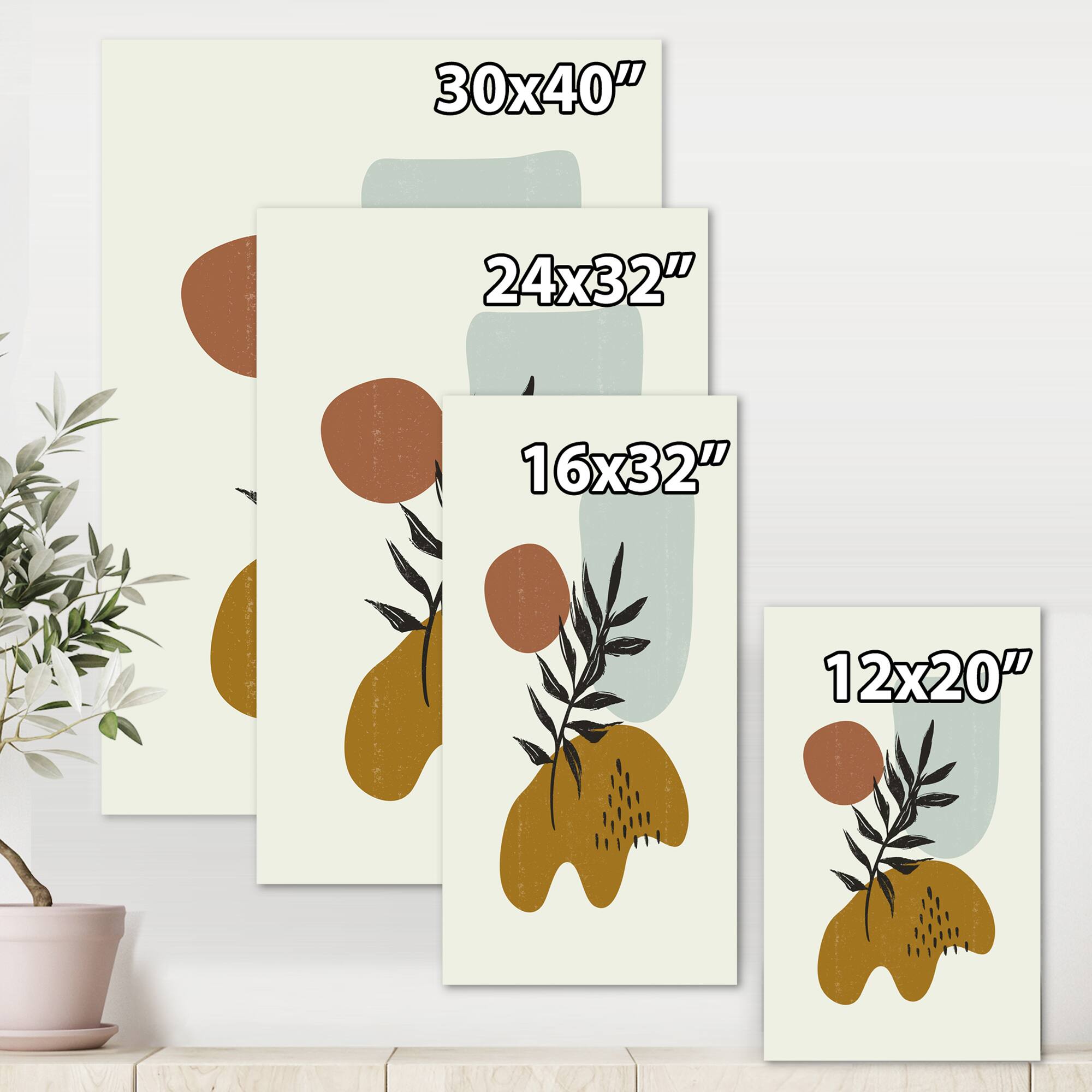 Designart - Botanical Minimalist Leaf With Abstract Shapes II - Modern Canvas Wall Art Print