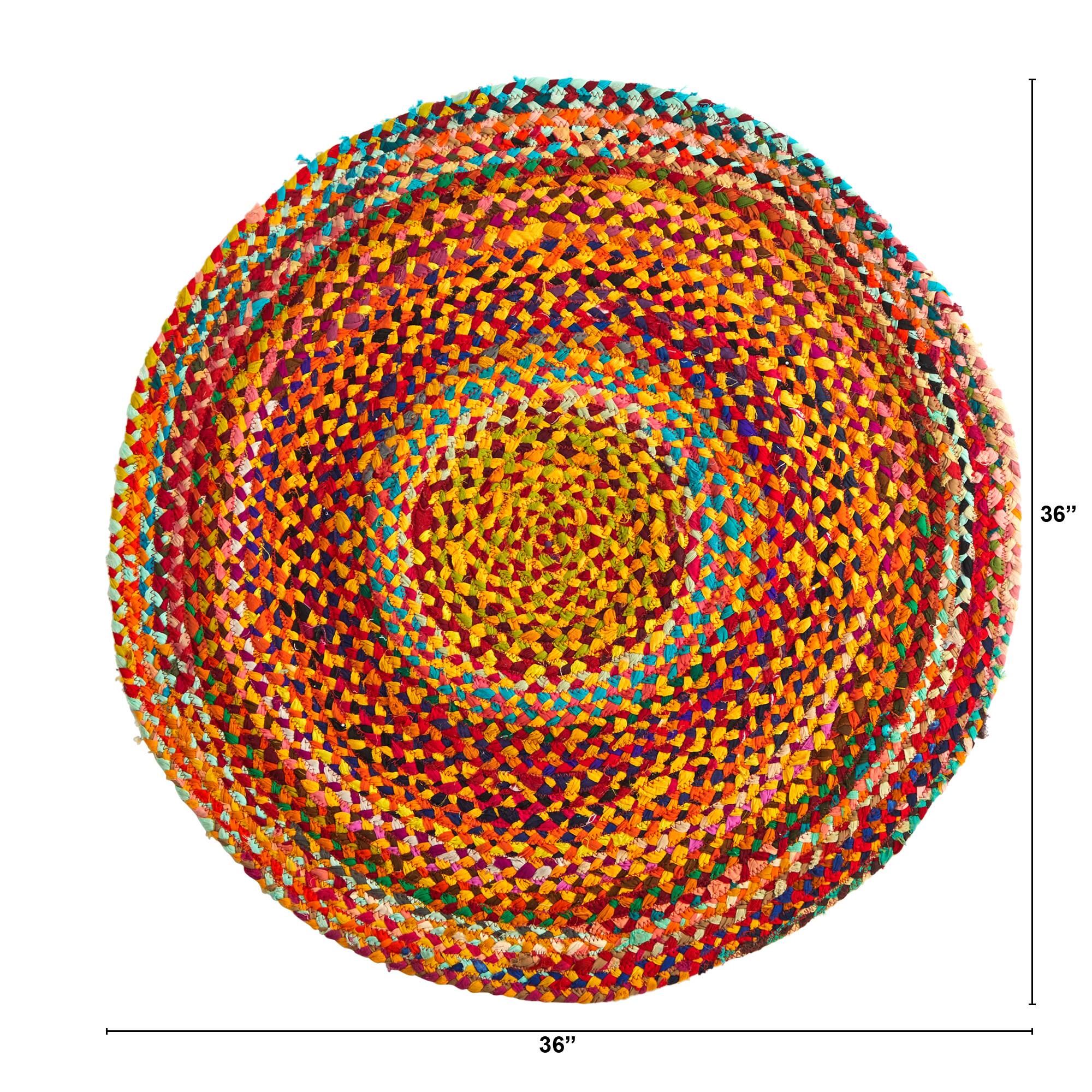 3ft. x 3ft. Hand Braided Boho Colorful Chindi Round Rug