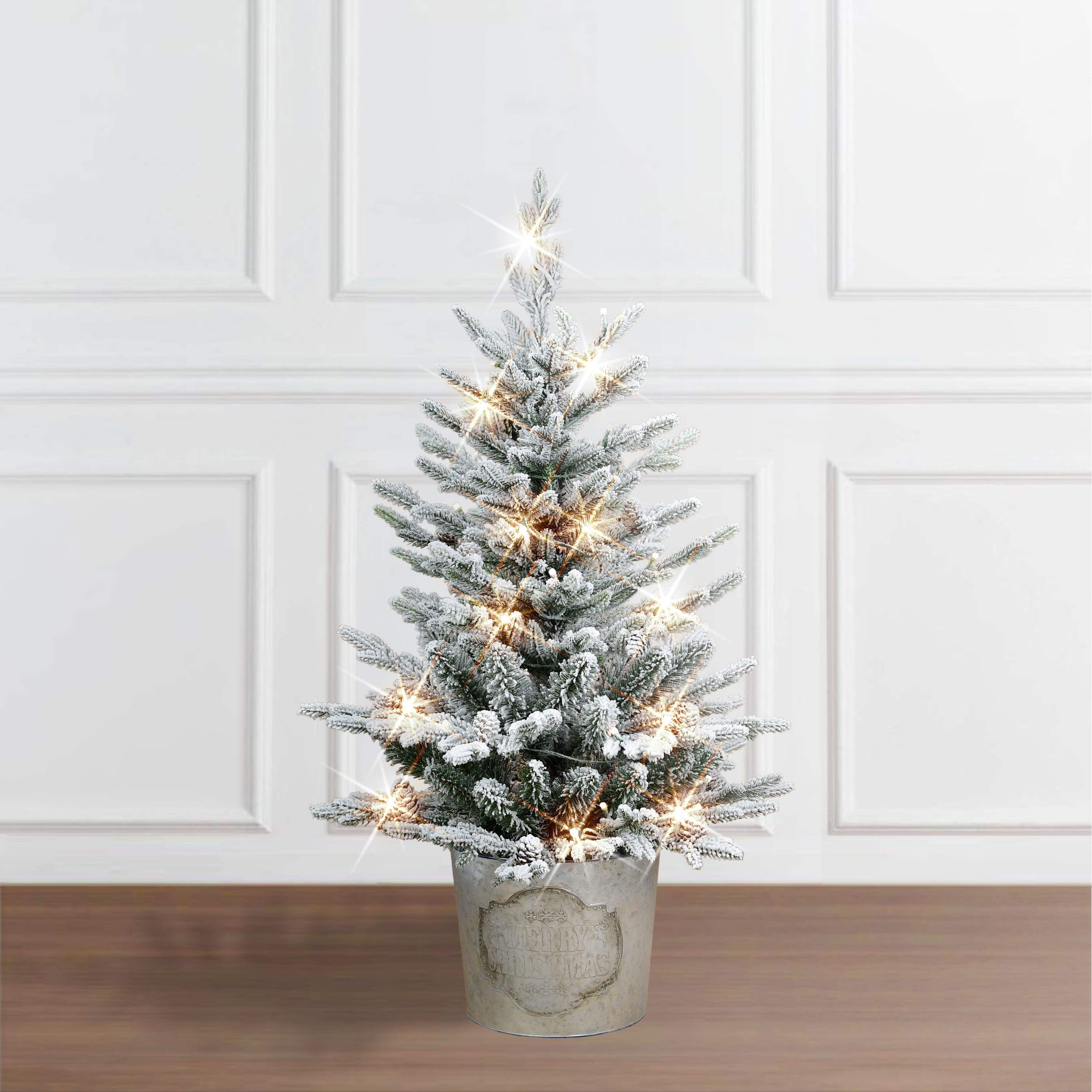 6 Pack: 3ft. Pre-Lit Potted Flocked Artificial Christmas Tree, White LED Lights