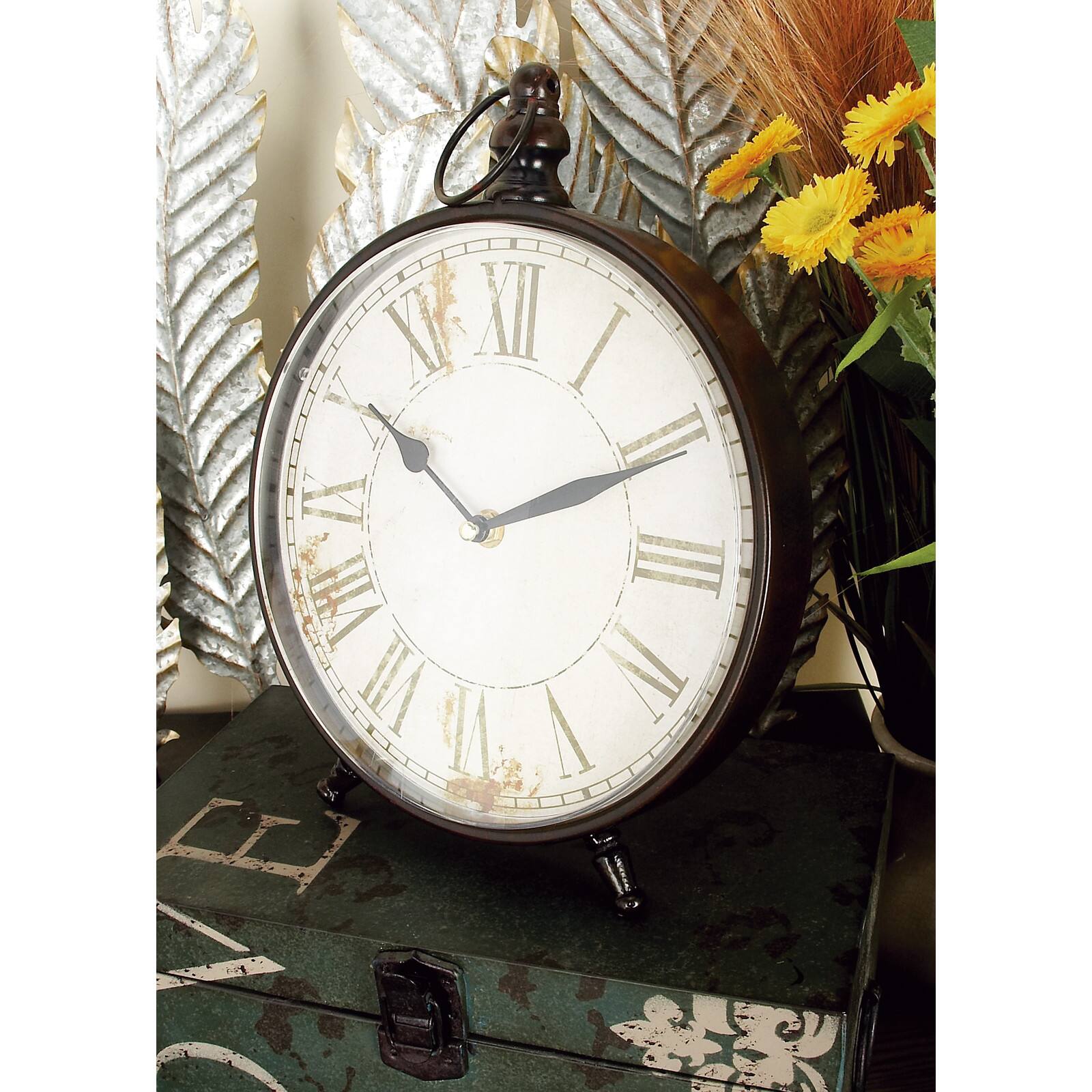 12&#x22; Wide Round Vintage Black Metal Clock Set