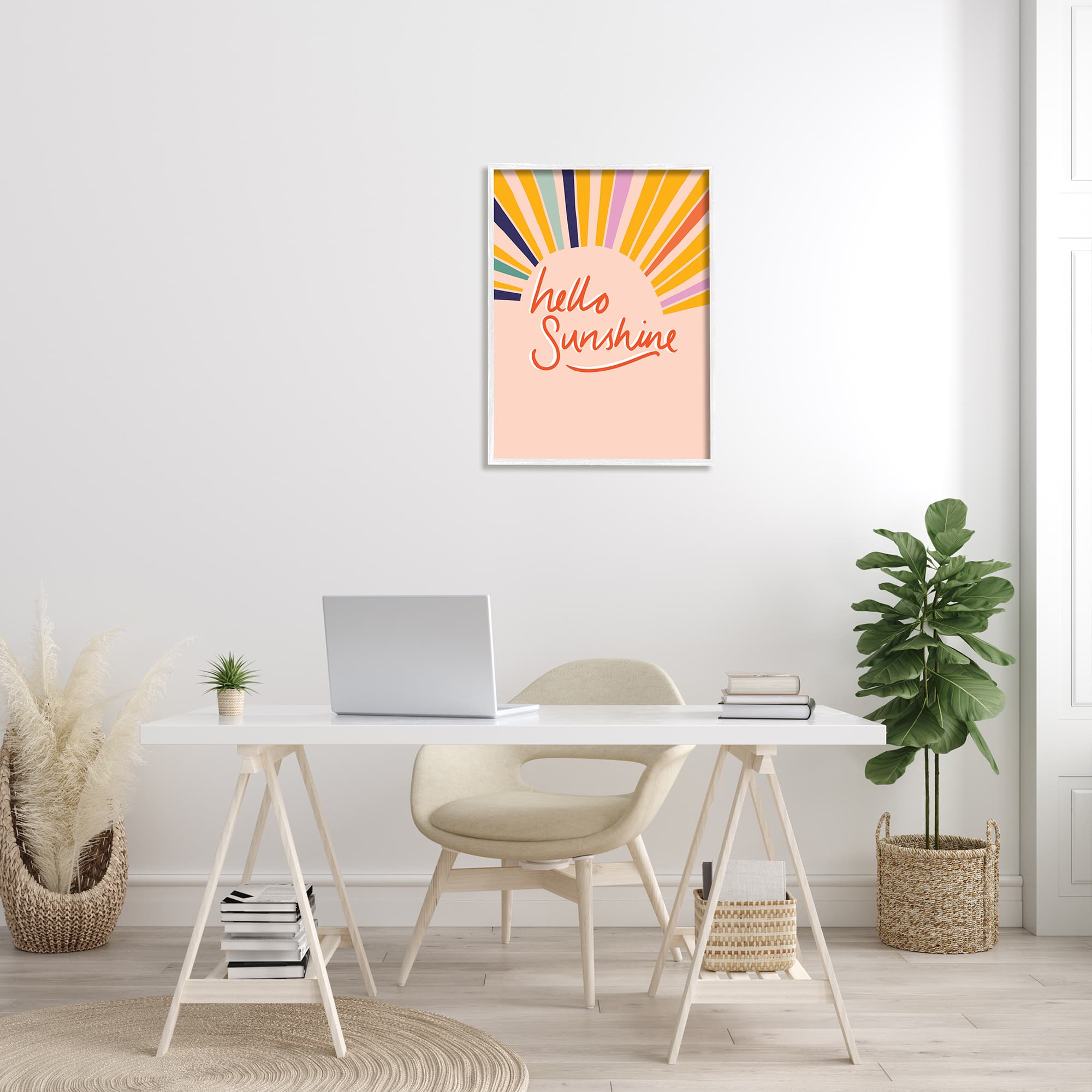 Stupell Industries Hello Sunshine Exclamation Sunrise Rainbow Rays in White Frame Wall Art