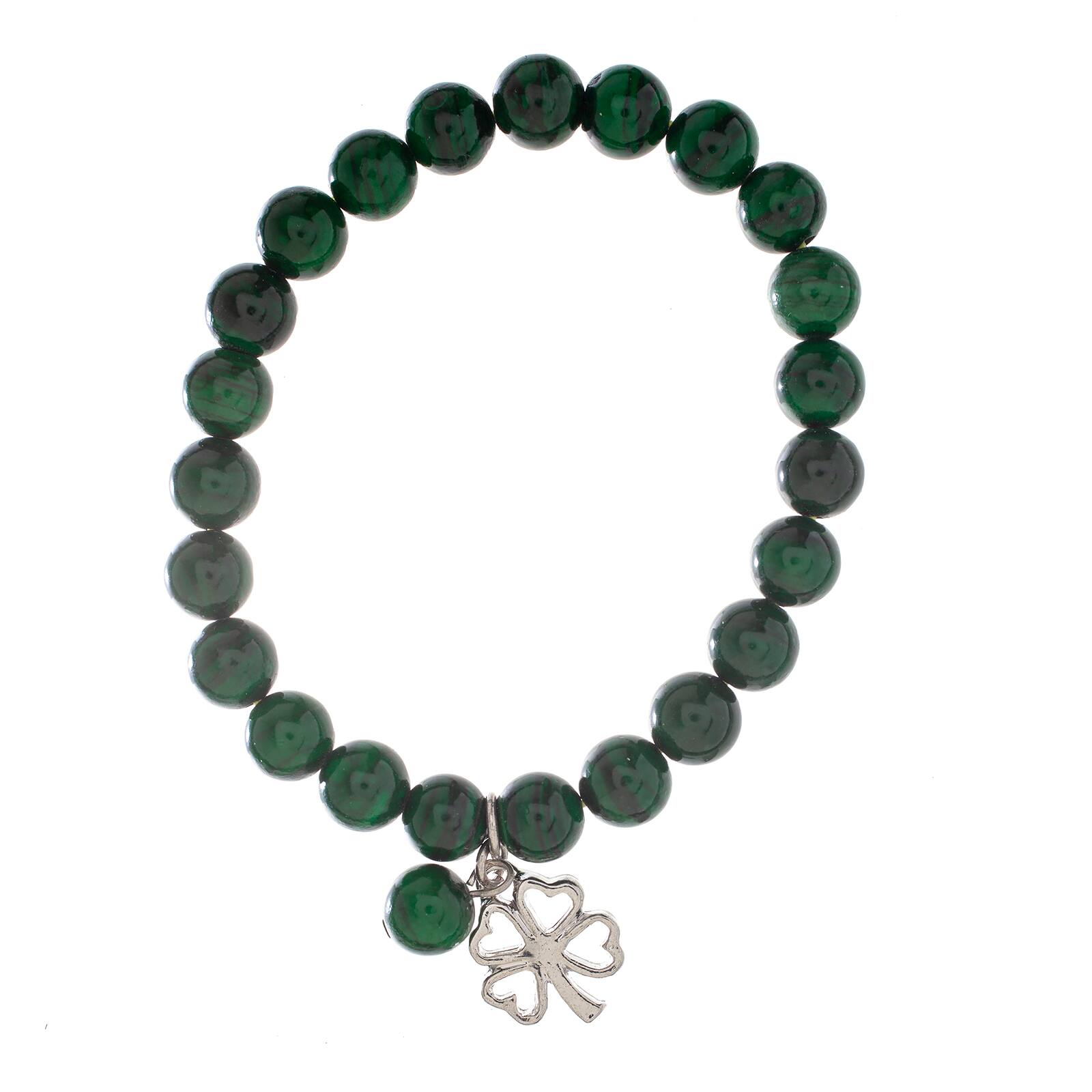 John Bead Malachite Natural Stone Stretch Bracelet with Clover Charm