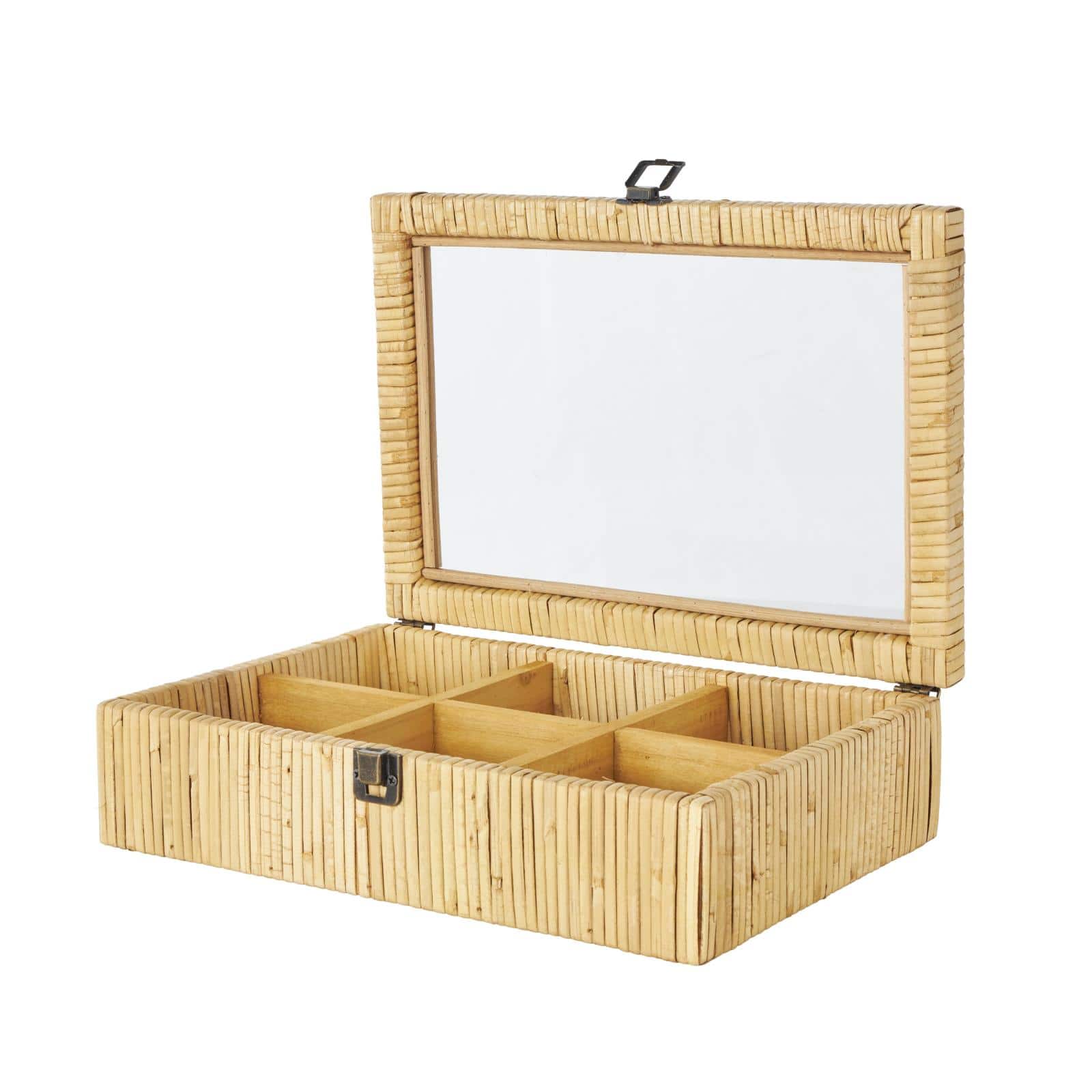 12" x 9" x 4" Brown Hand-Wrapped Rattan 6-Slot Jewelry Box with Tempered Glass Top
