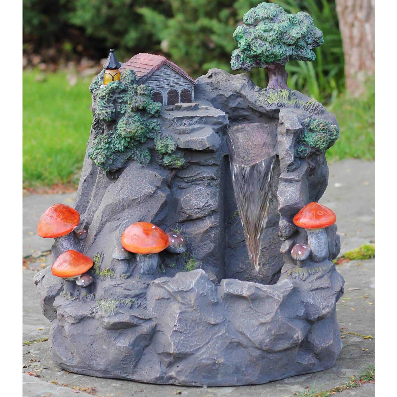 24.5&#x22; Solar LED Lighted Mushrooms by Waterfall Outdoor Patio Garden Water Fountain