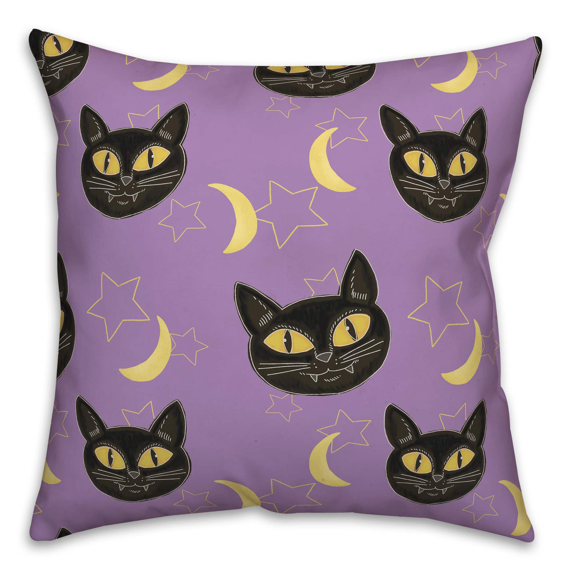 Cat, Moon &#x26; Stars Halloween Throw Pillow