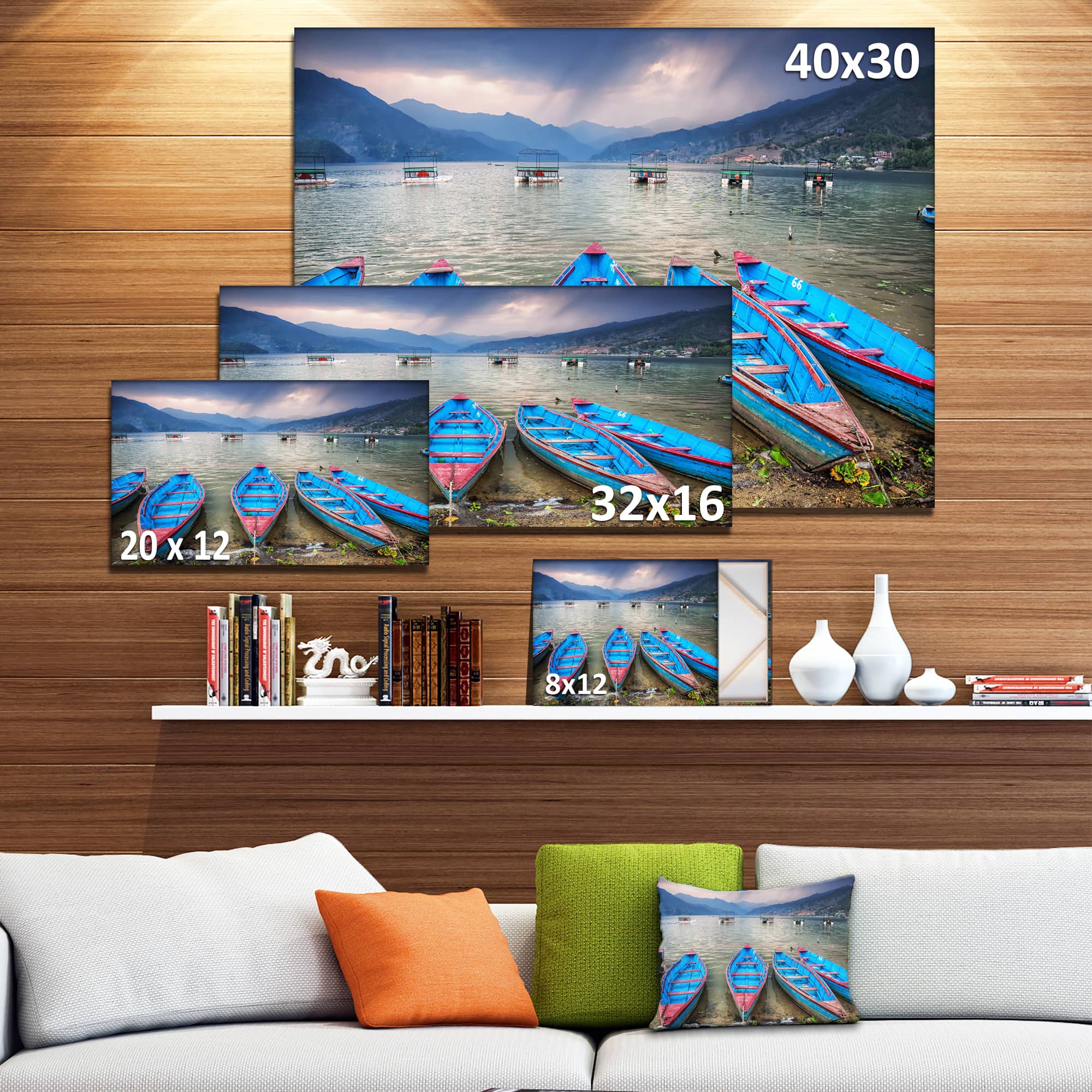 Designart - Row of Blue Boats in Pokhara Lake - Boat Canvas Art Print