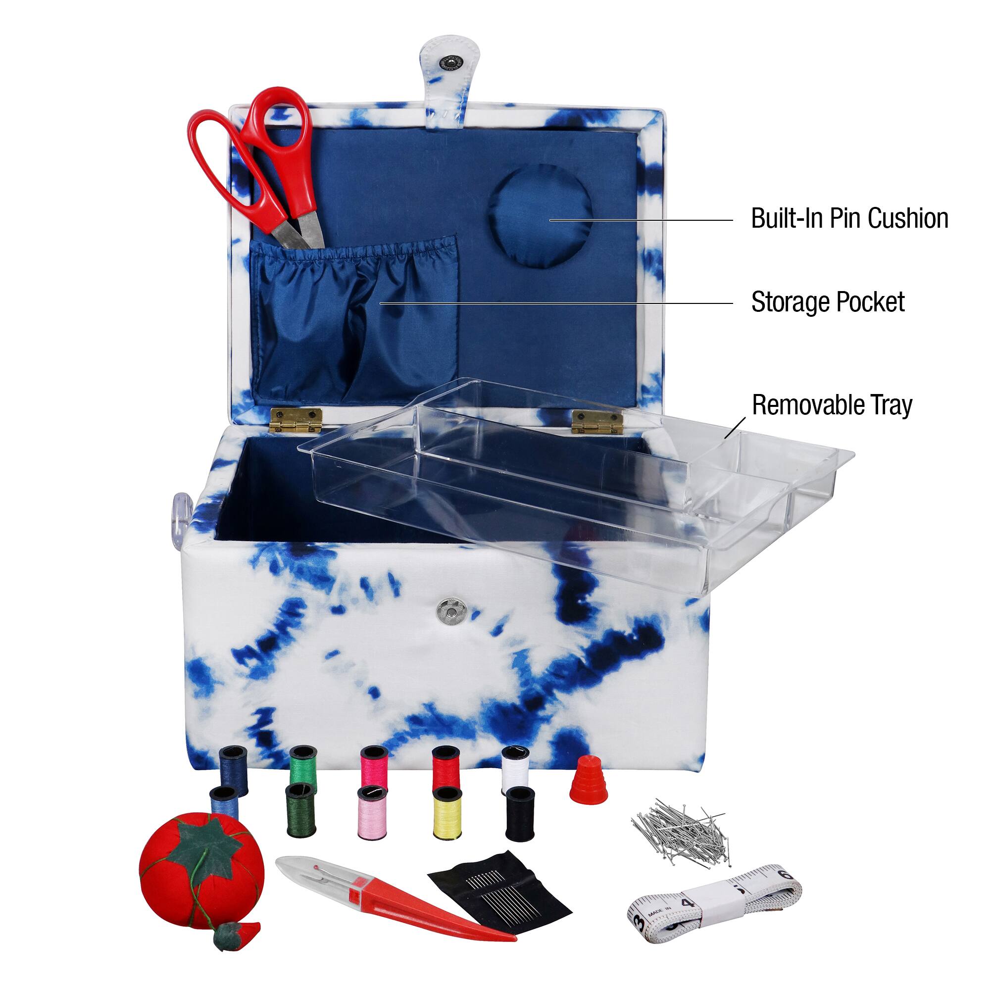 SINGER&#xAE; Large Blue &#x26; White Tie Dye Print Sewing Basket with Sewing Kit