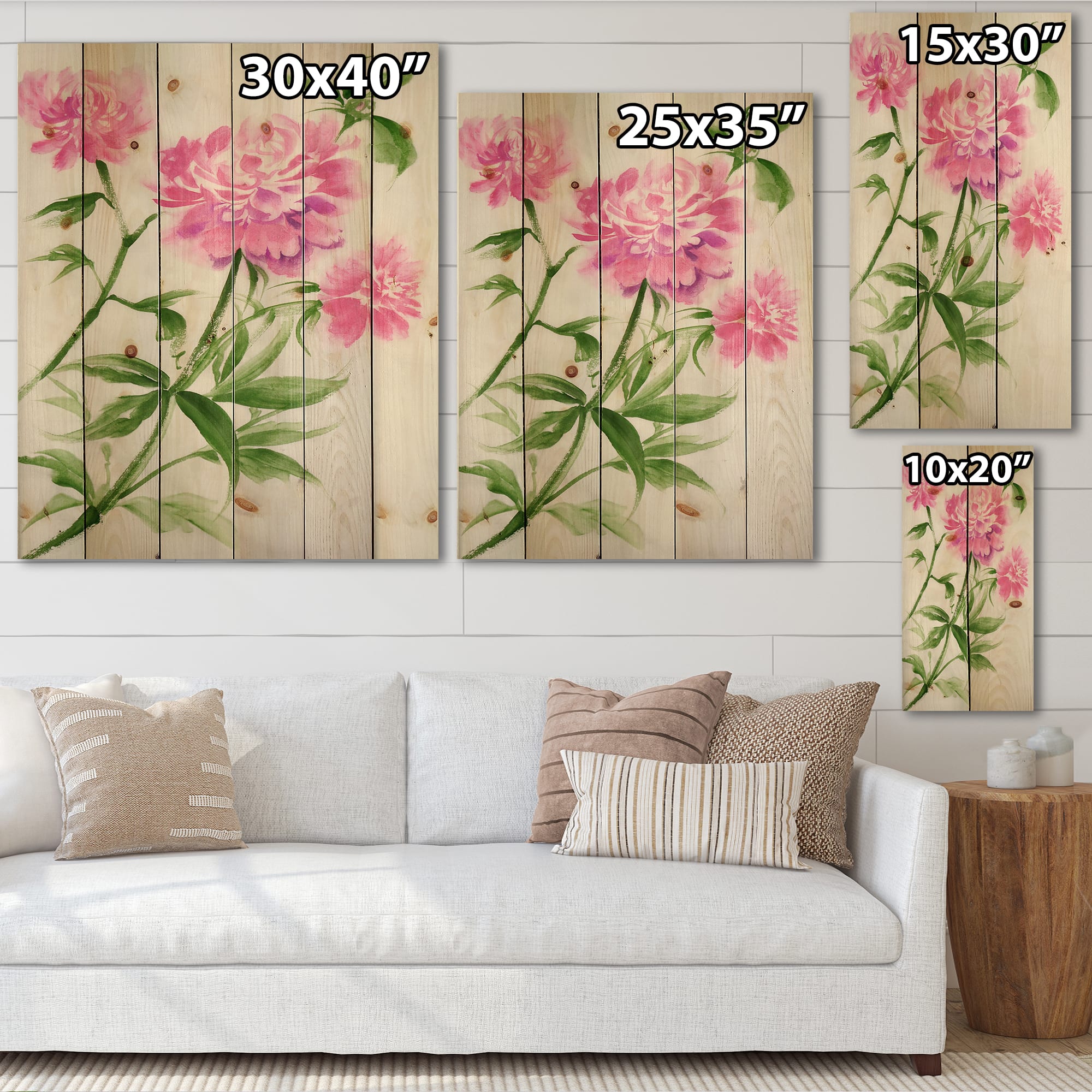 Designart - Purple Peonies Bush II - Traditional Print on Natural Pine Wood