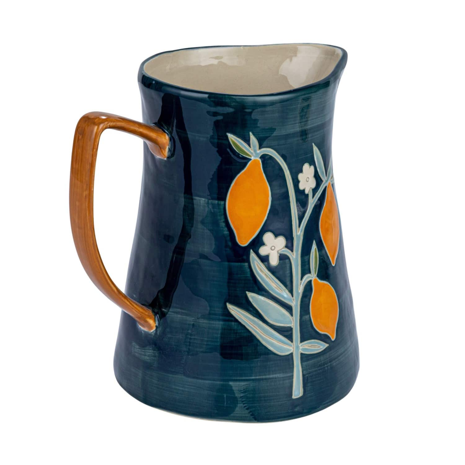 9.5&#x22; Hand-Painted Multicolor Wax Relief Flowers Stoneware Pitcher