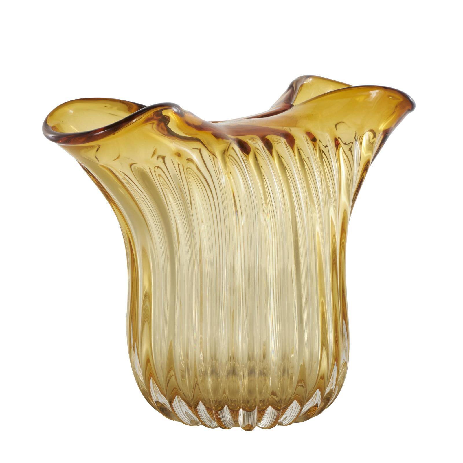 14&#x22; Orange Glass Ribbed Ombre Vase with Folded Curve Opening