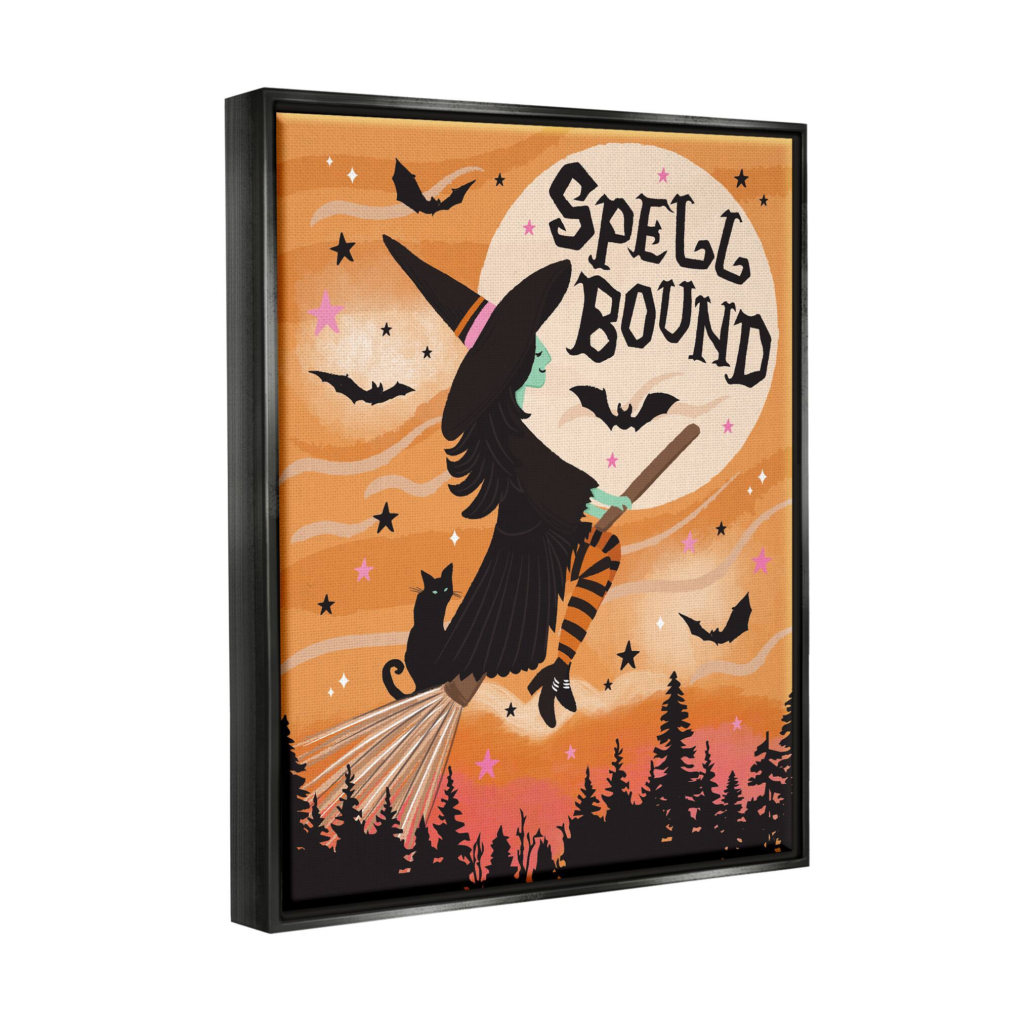 Stupell Industries Spell Bound Witch Flying Moonlit Sky Framed Floater Canvas Wall Art