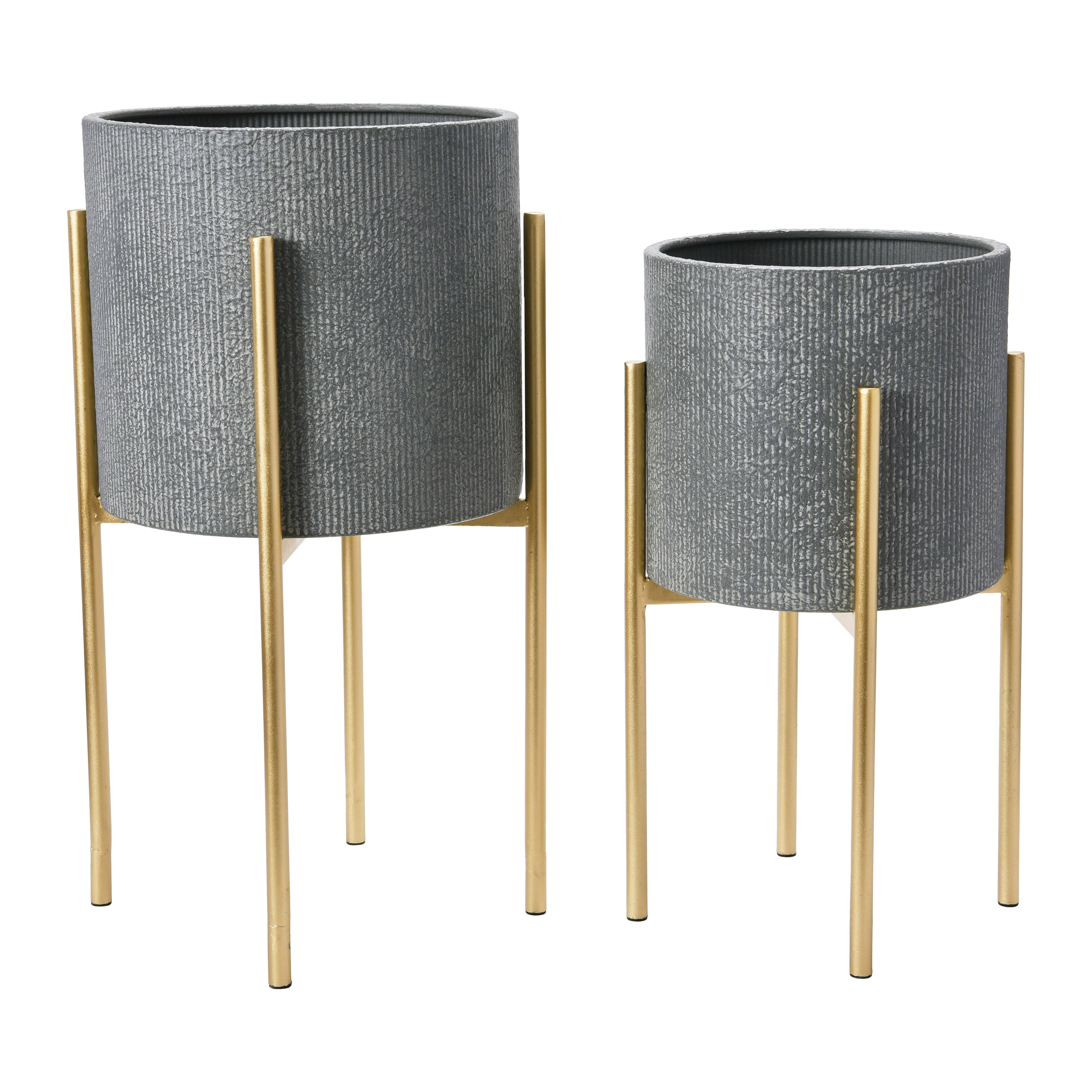 Hello Honey® Charcoal Grey & Gold Boho Embossed Metal Planters with Stands Set