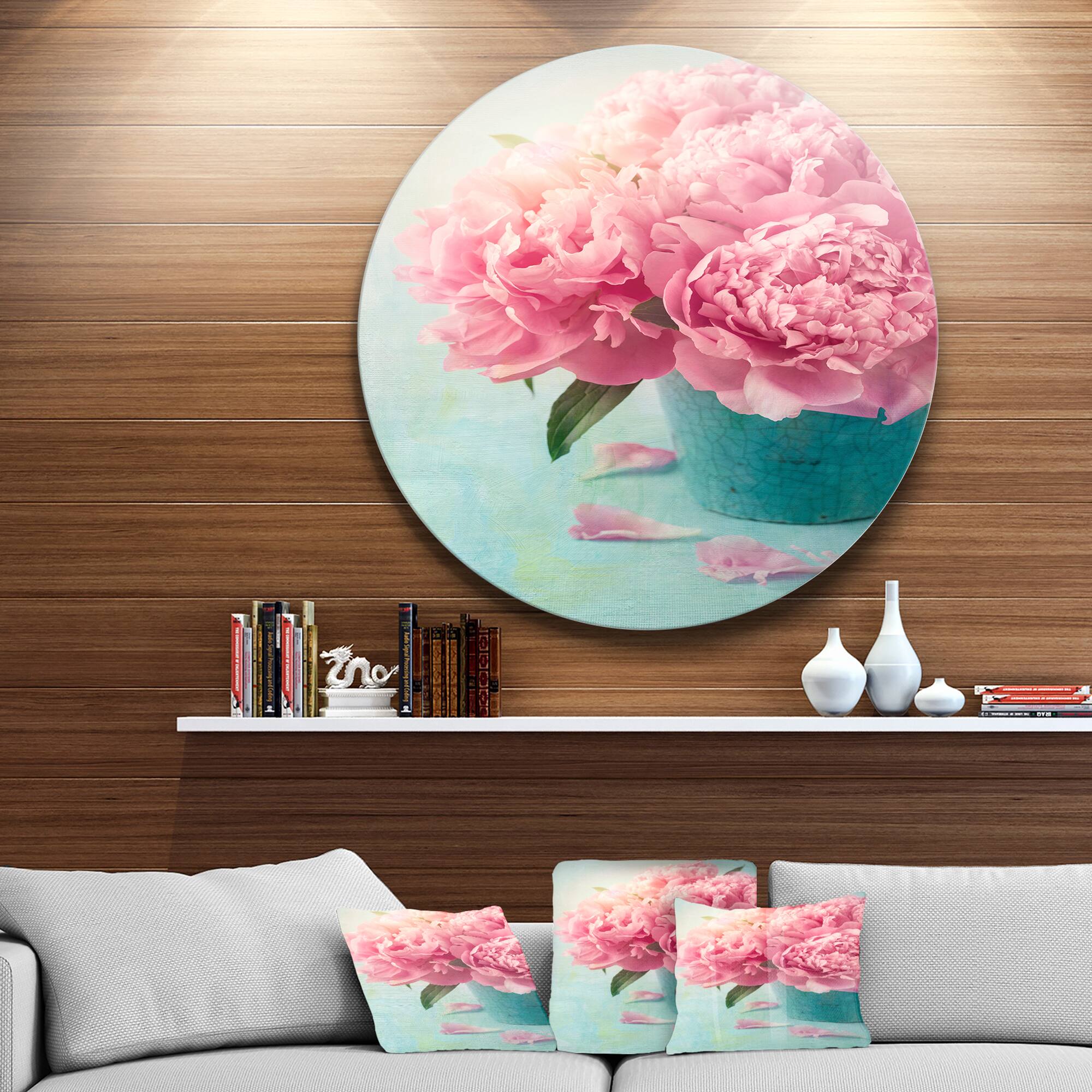 Designart - Pink Peony Flowers in Vase&#x27; Ultra Glossy Floral Metal Circle Wall Art