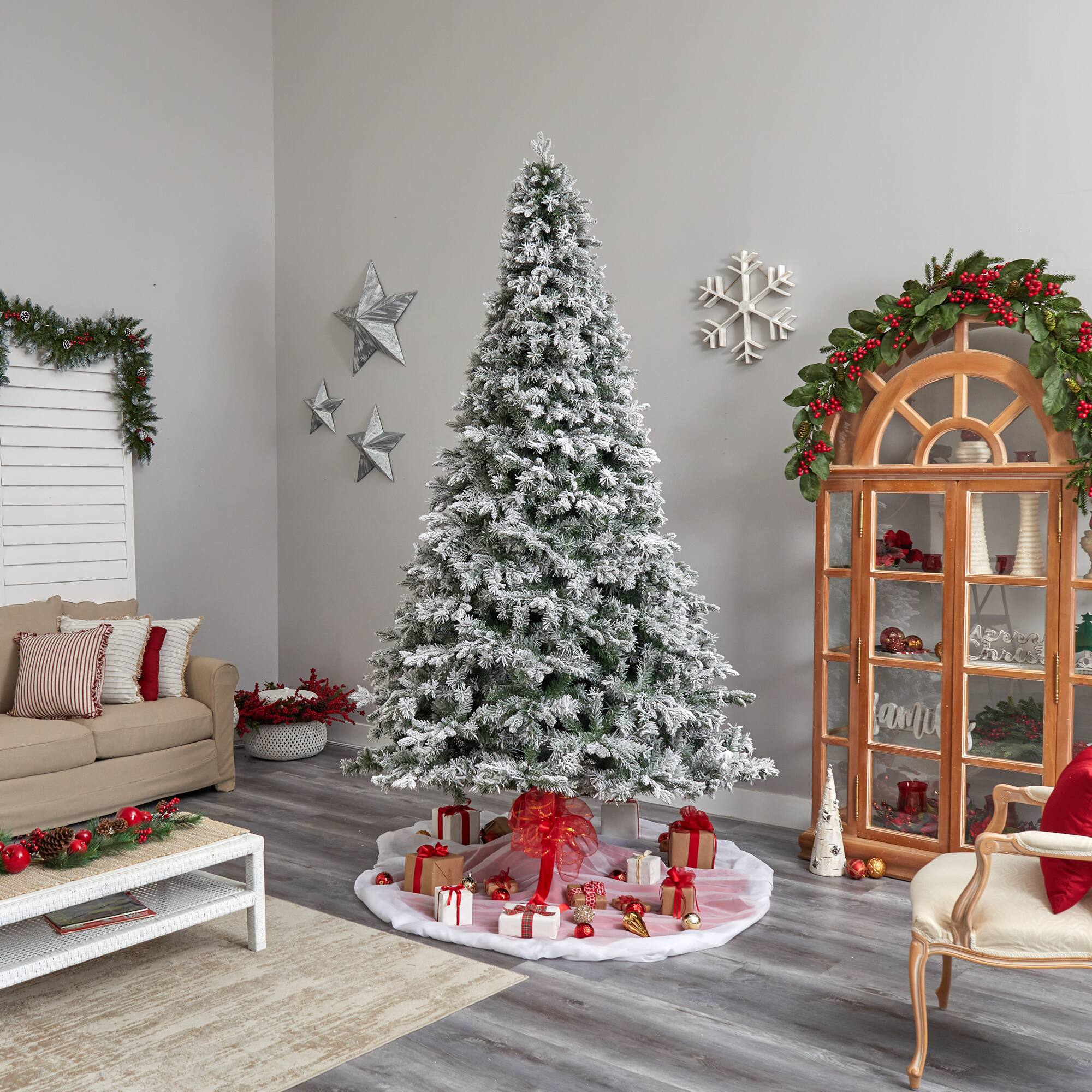 10ft. Pre-Lit Flocked Vermont Mixed Pine Artificial Christmas Tree, Clear LED Lights