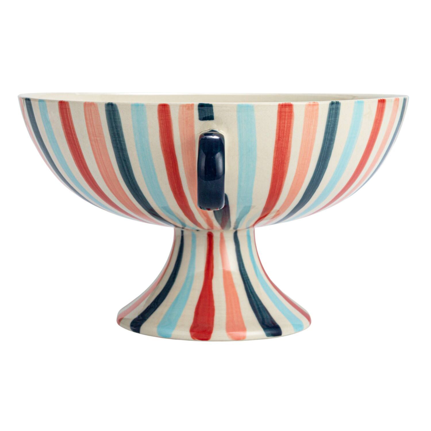 Hello Honey® 13" Multicolor Hand-Painted Stoneware Footed Bowl with Handles & Stripes