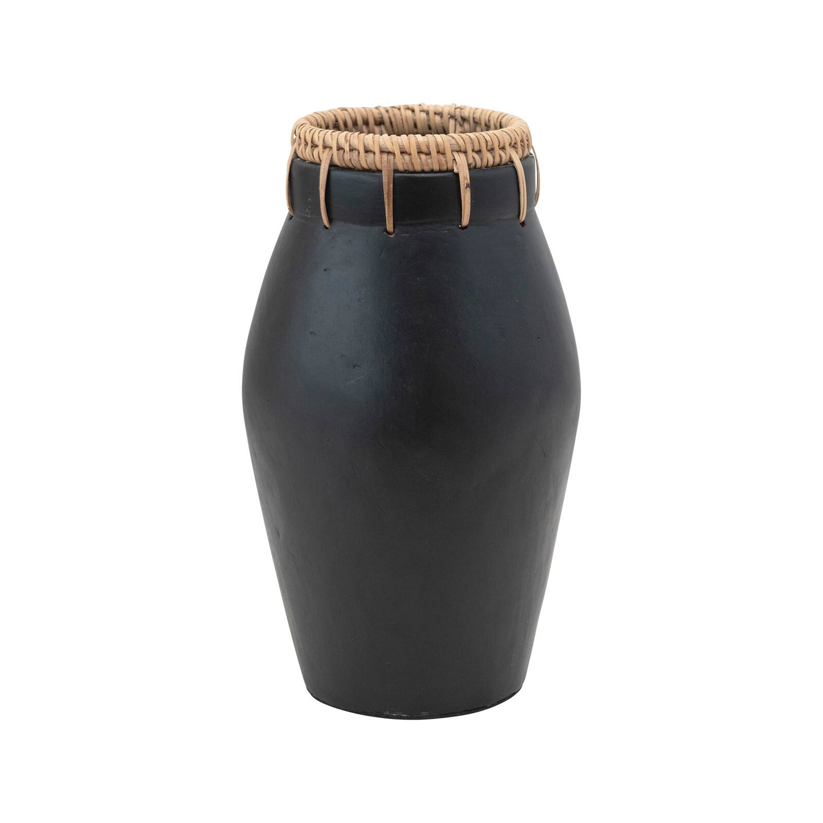 Hello Honey® 11" Black Handmade Terra Cotta Vase with Rattan Stitching