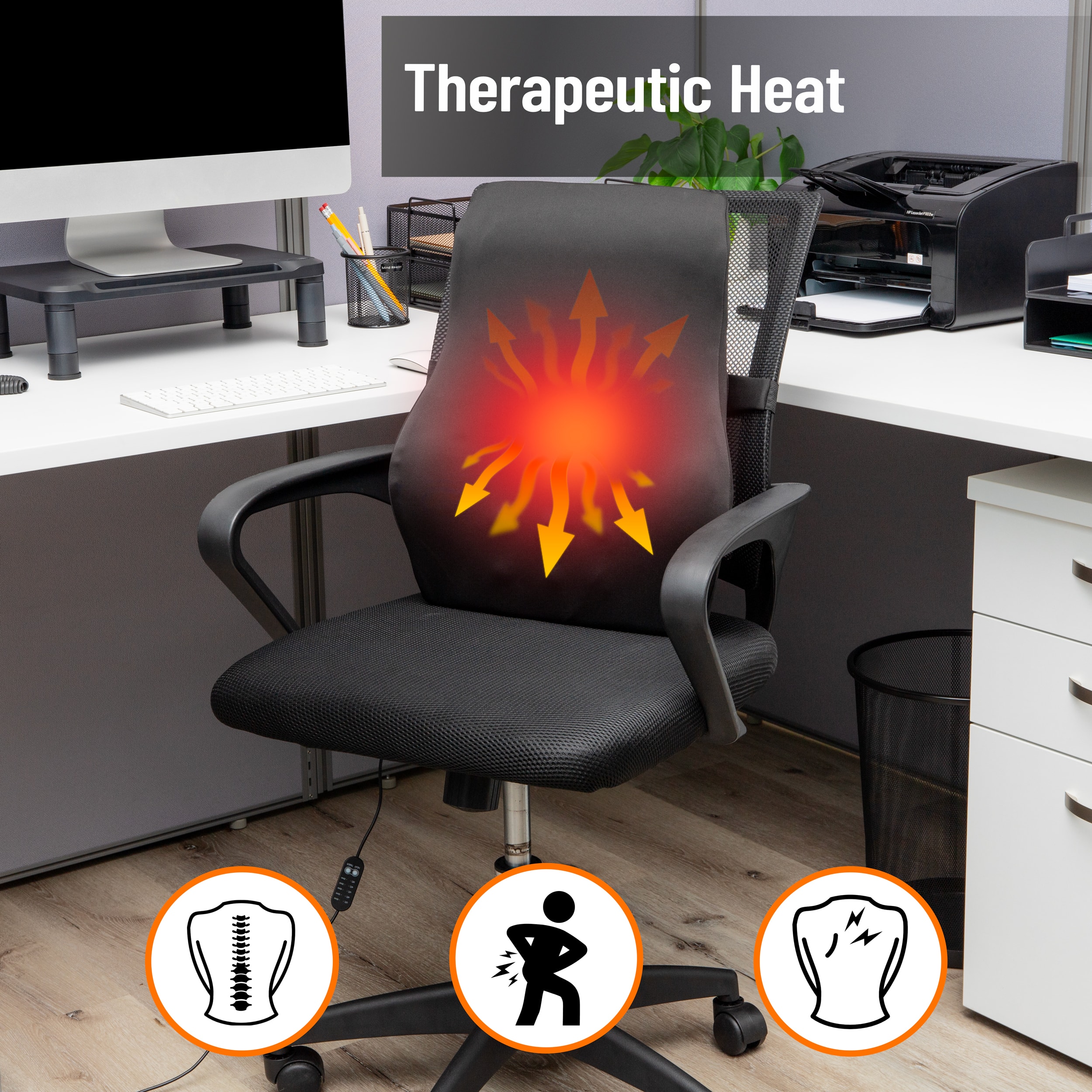 Mind Reader Heated Air-Cloud Lumbar Cushion, Ergonomic Memory Foam Back Support Pillow with Adjustable Heat Settings and Timer, Black