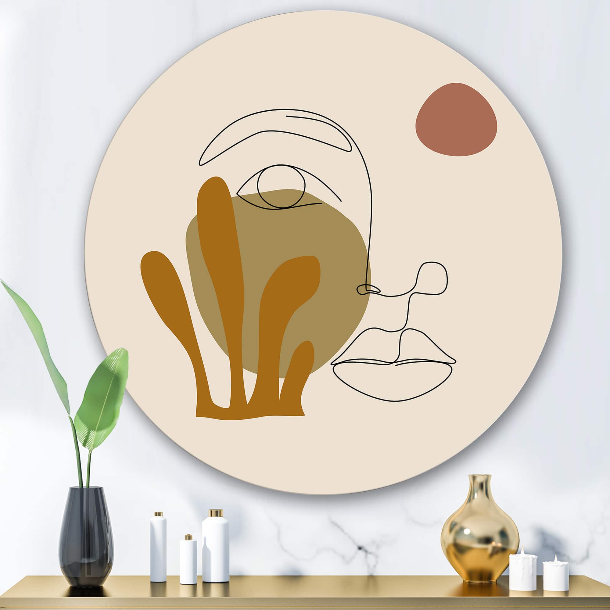 Designart - One Line Art Portrait of Woman In Terracotta Tones - Modern Metal Circle Wall Art