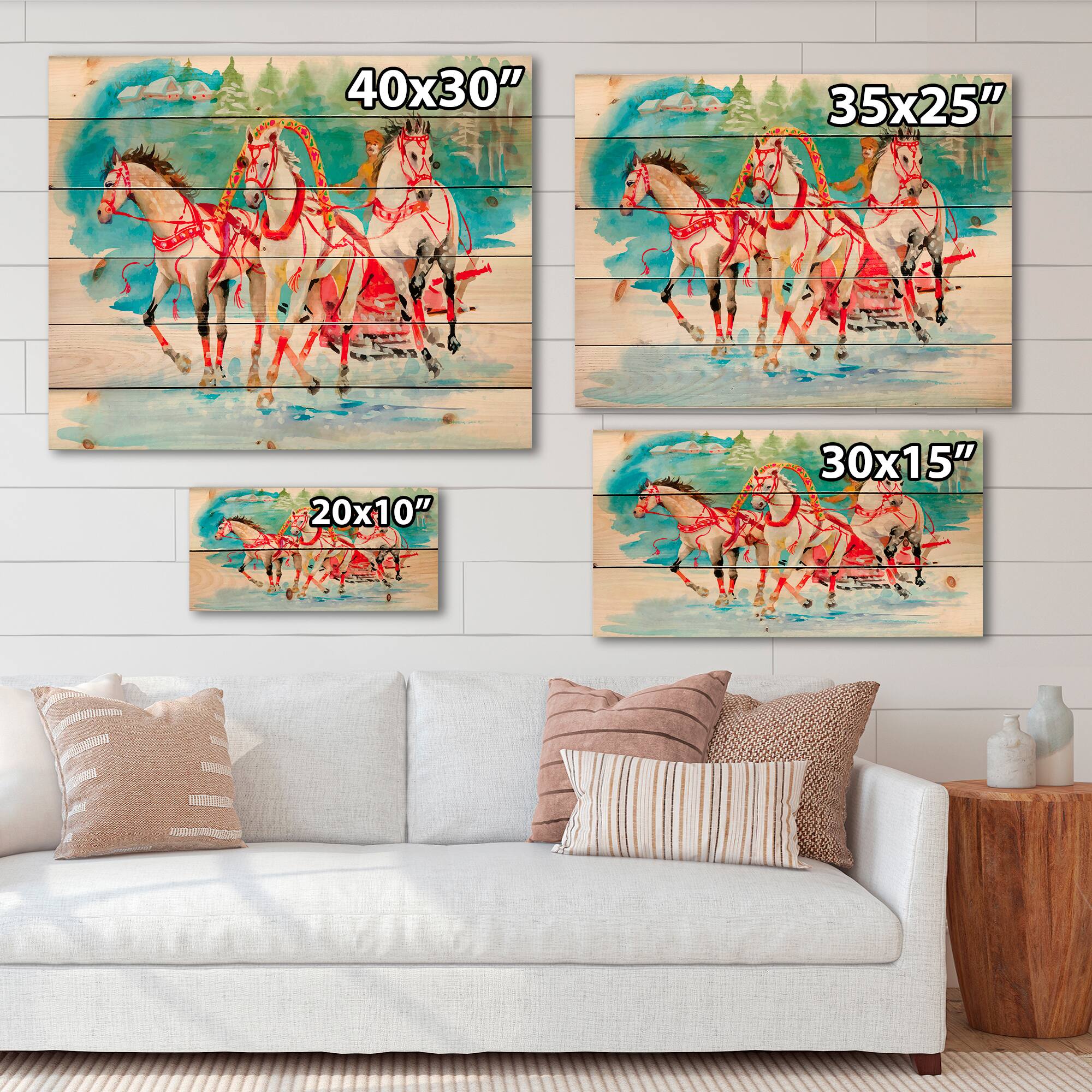 Designart - Galoping Horses With Carriage In The Snow - Farmhouse Print on Natural Pine Wood