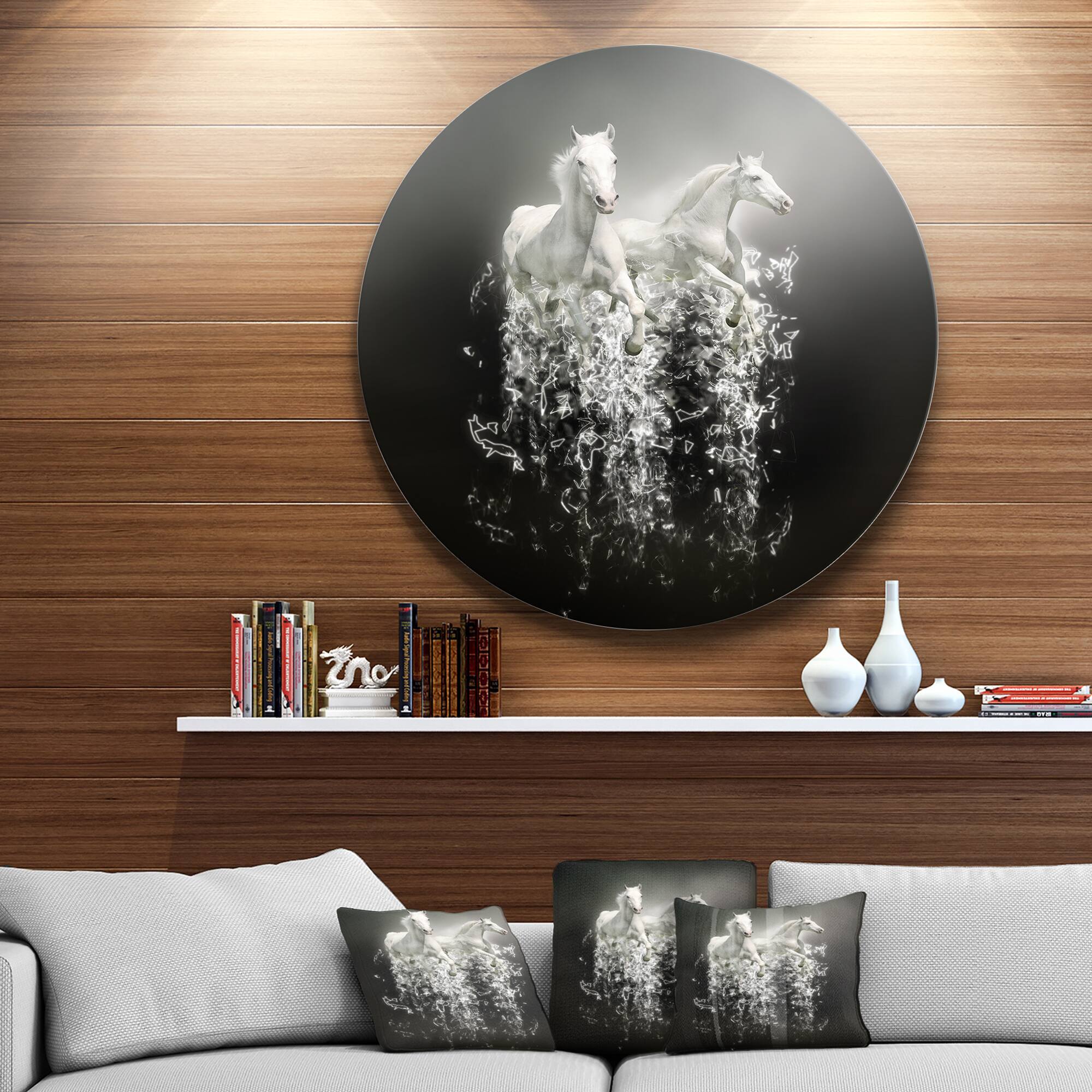 Designart - Fantasy White Horses on Black&#x27; Ultra Glossy Animal Oversized Metal Circle Wall Art