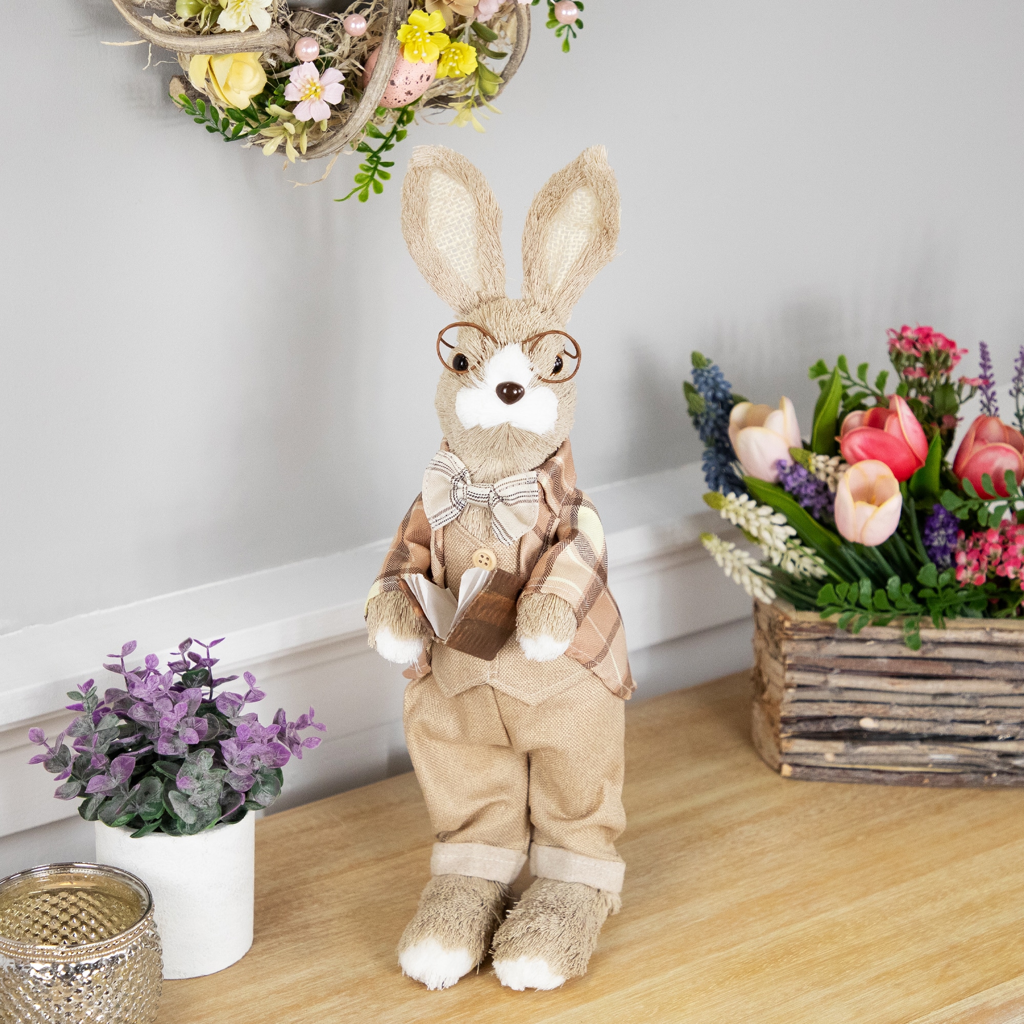 16.25" Beige Rustic Boy Rabbit Easter Figure with Book
