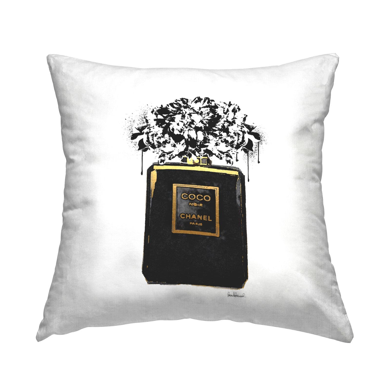Stupell Industries Black Fashion Flower Drip Glam Brand Perfume Throw Pillow, 18&#x22; x 18&#x22;