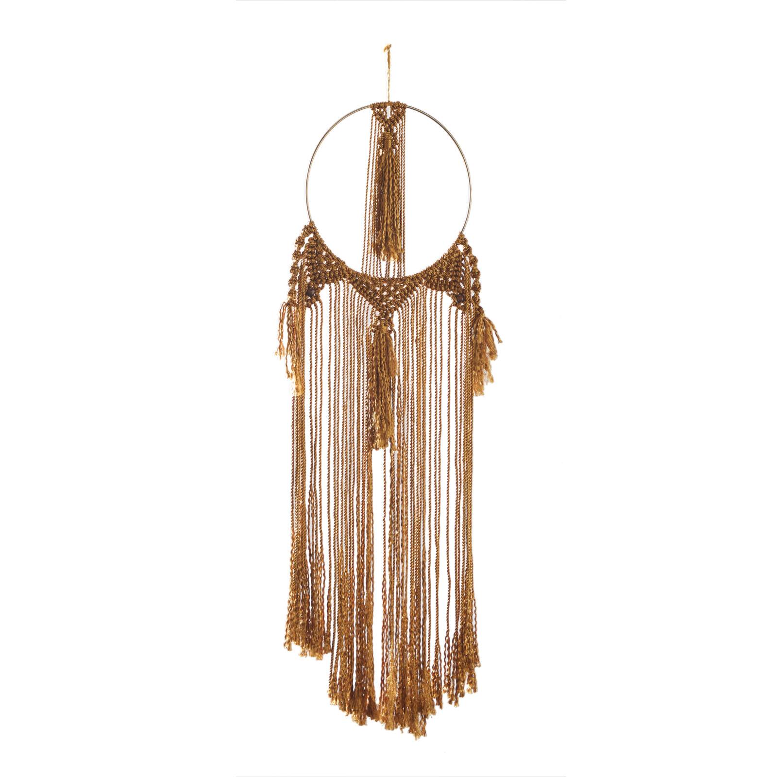 Brown Fabric Intricately Weaved Macrame Wall Decor with Beaded Fringe Tassels 10&#x22; x 1&#x22; x 38&#x22;