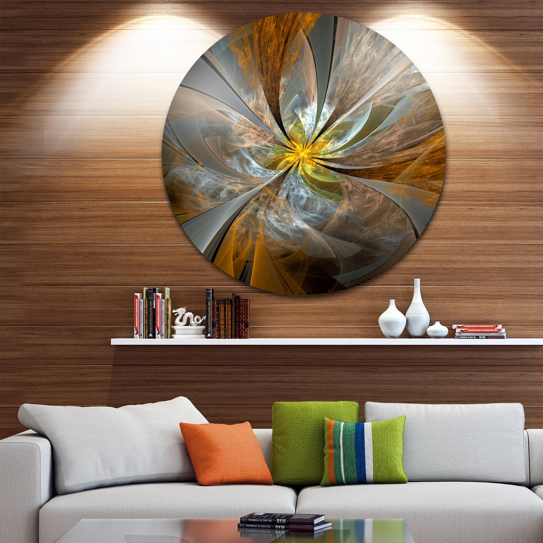 Designart Contemporary Symmetrical Yellow Fractal Flower Large Metal Wall Art Disc