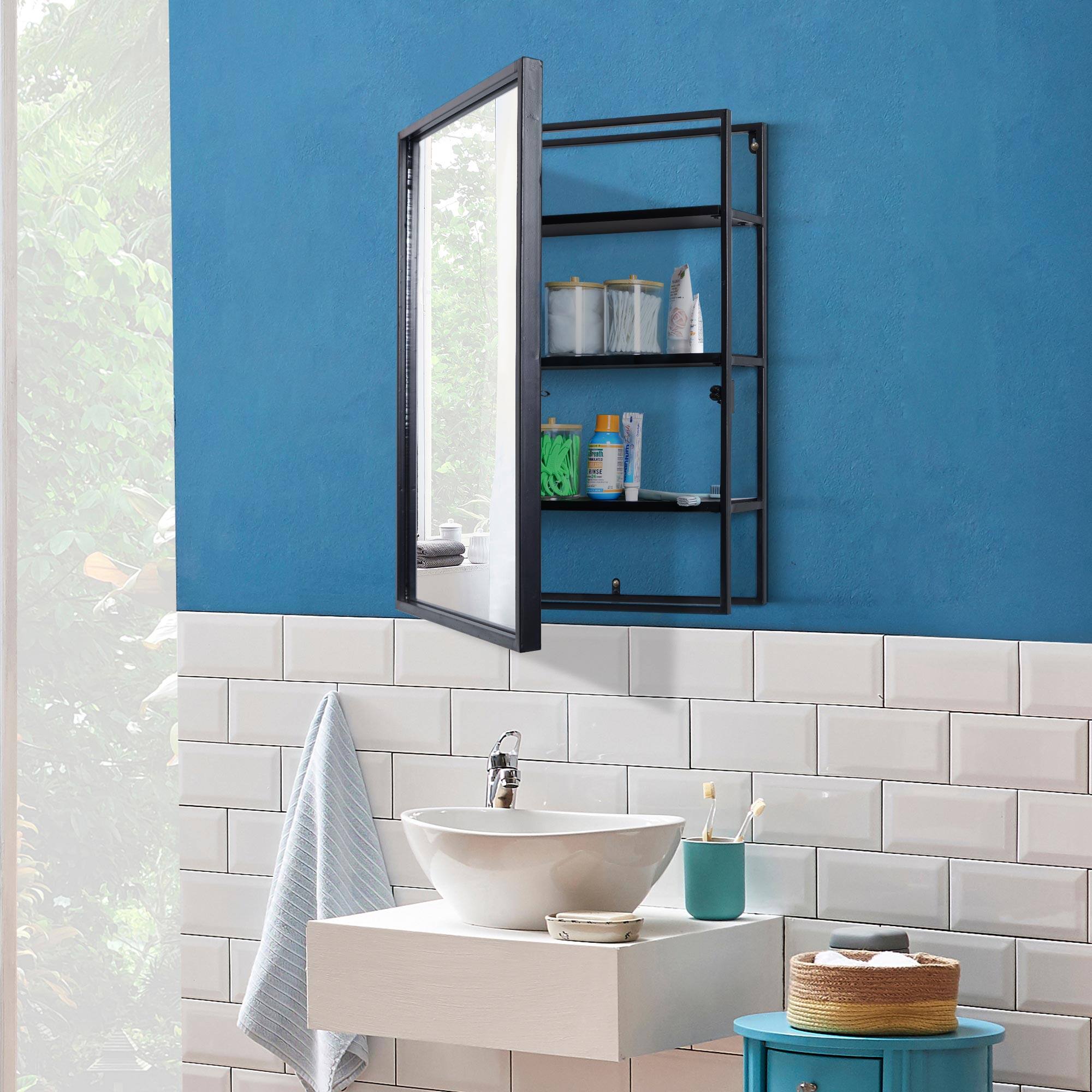 Black Metal Frame Rectangle Vanity Wall Mirror with Shelves, 18&#x22; x 24&#x22;