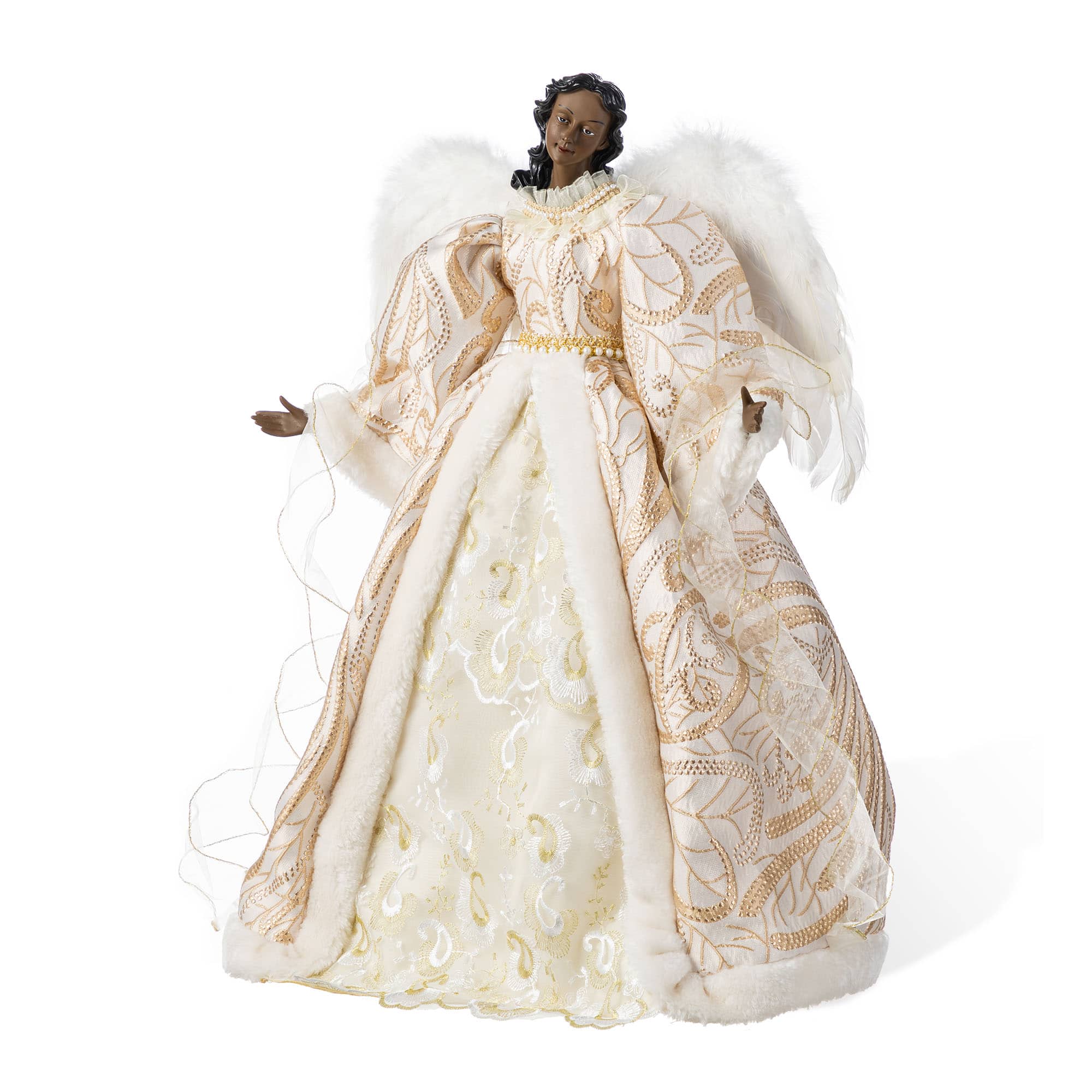 Glitzhome&#xAE; 24&#x22;H Faux Fur &#x26; PVC Christmas Elegant African American Angel Tree Topper