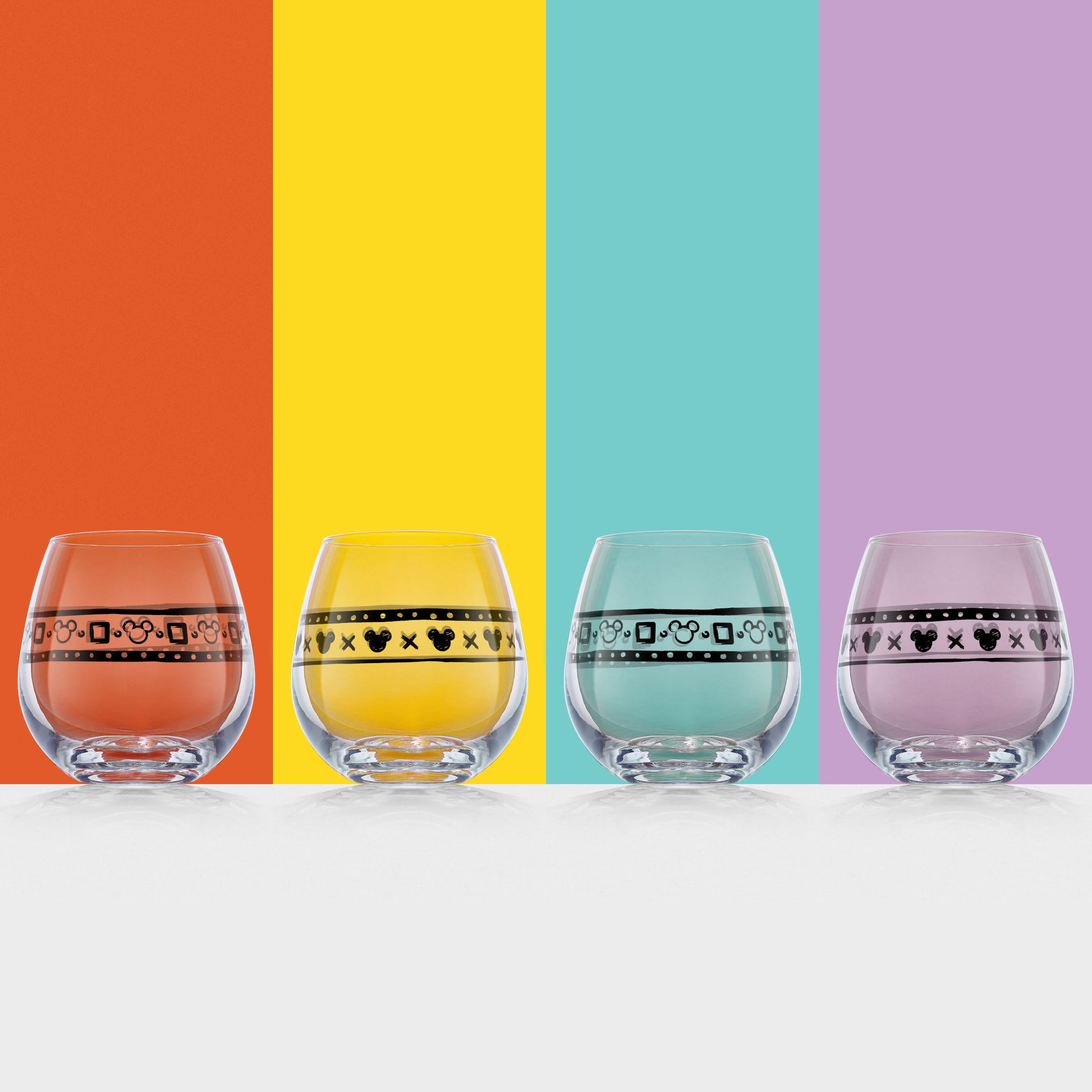 JoyJolt® Disney® 15oz. Geo Picnic Mickey Mouse Stemless Wine Glass Set, 4ct.