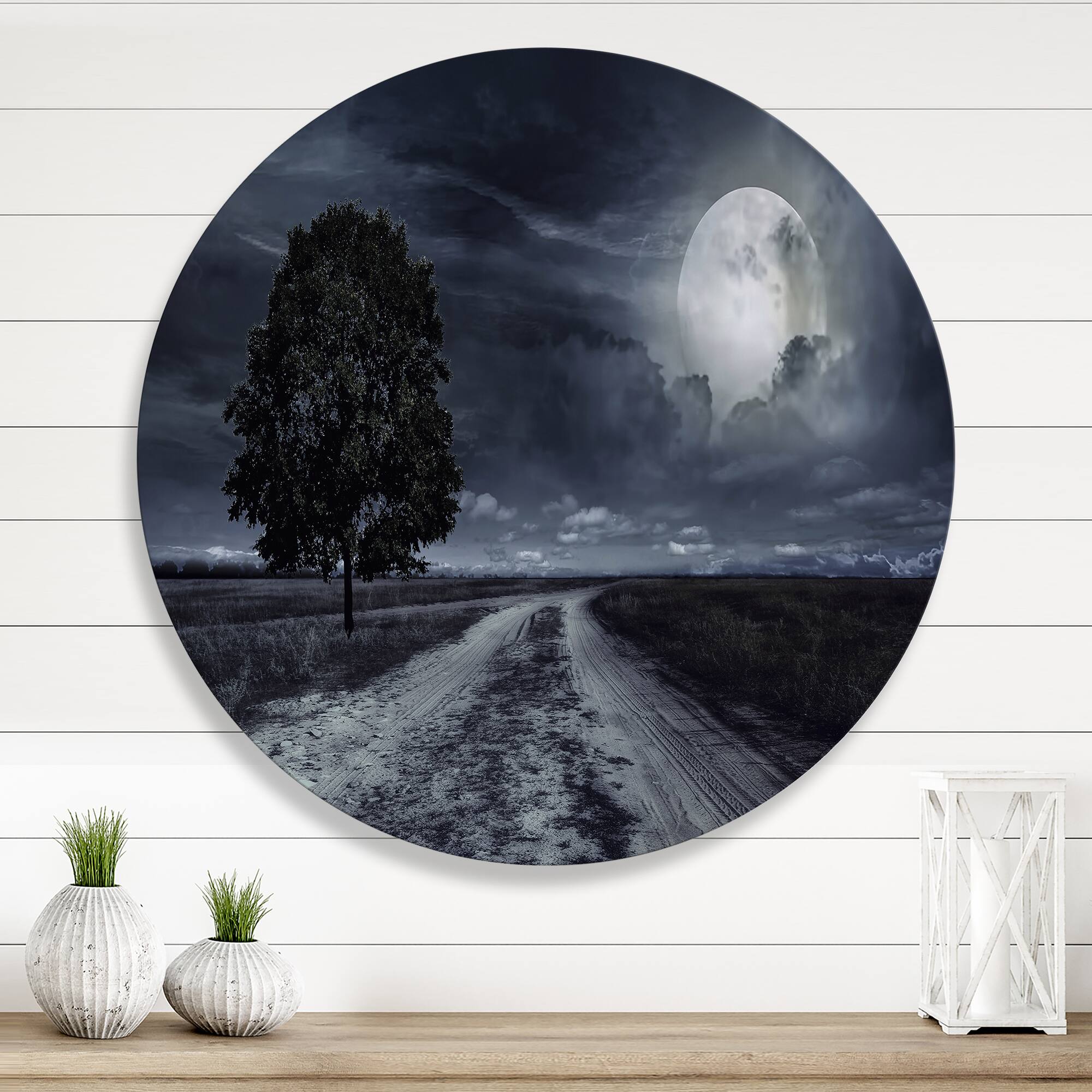 Designart - Paved Road Under A Full Moon - Nautical &#x26; Coastal Metal Circle Wall Art