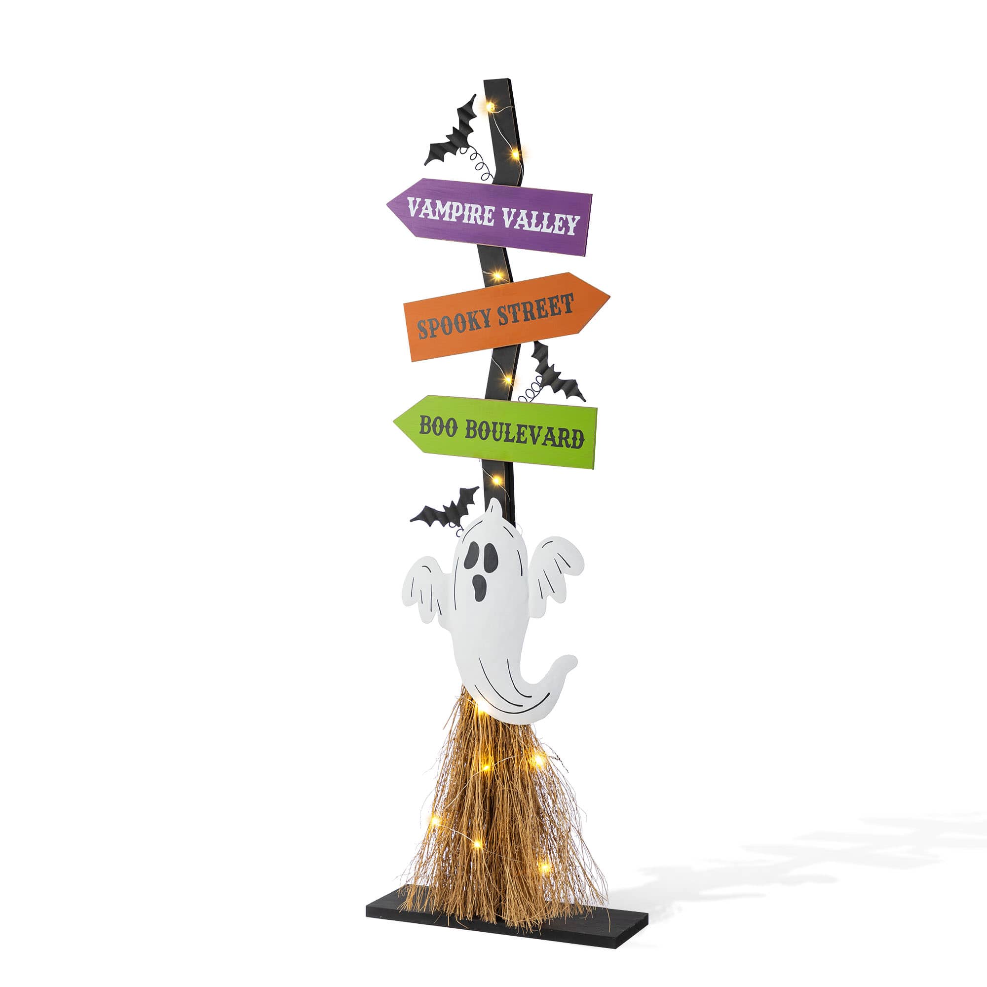 Glitzhome&#xAE; 41.75&#x22;H Lighted Halloween Wooden Ghost&#x27;s Broom Porch Decor