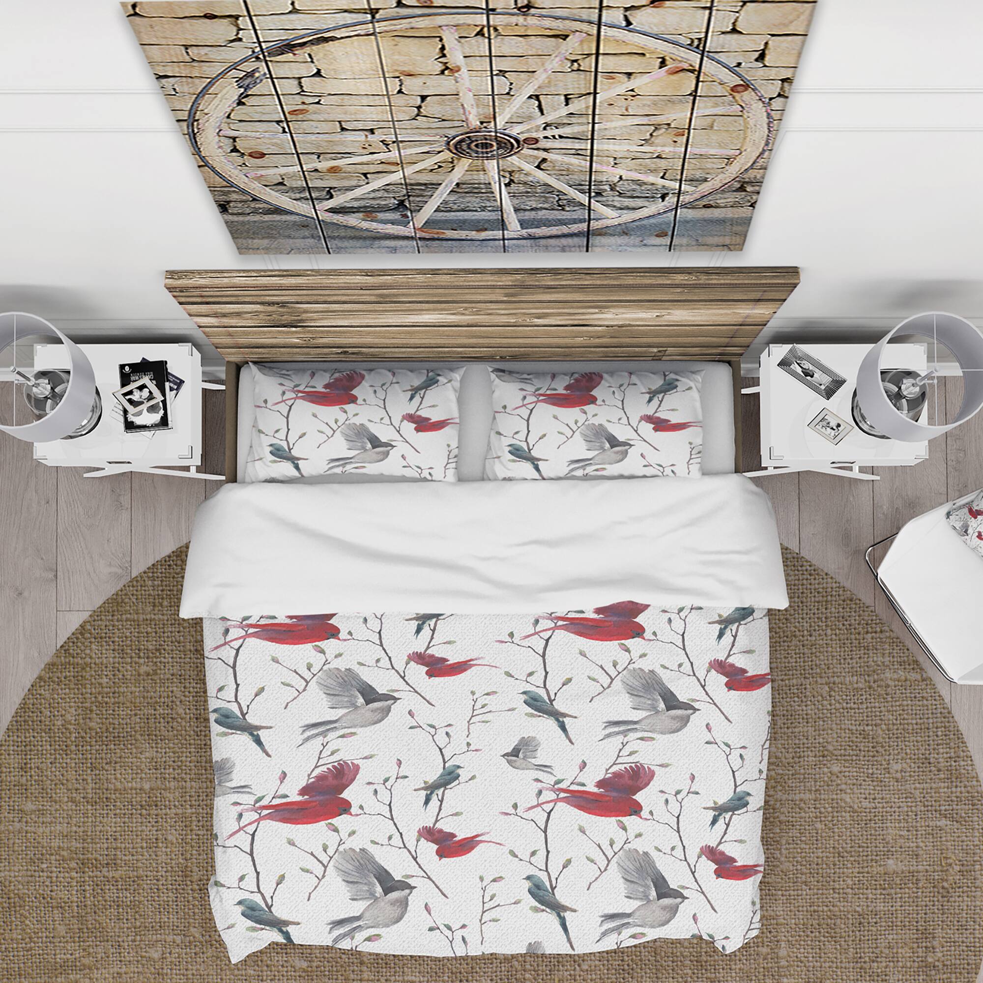 Designart &#x27;Pattern with Birds&#x27; Farmhouse Bedding Set - Duvet Cover &#x26; Shams