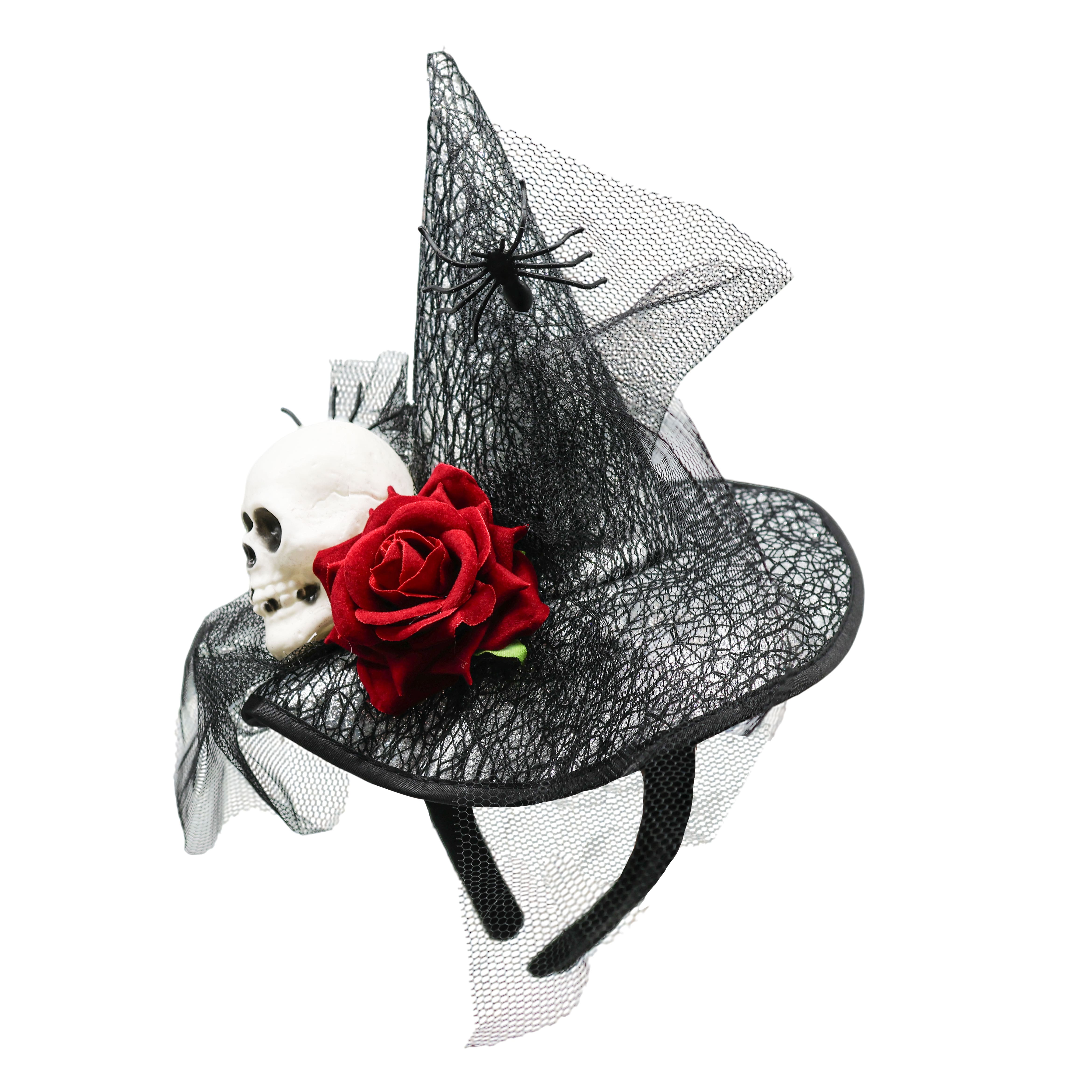 Black Mesh Witch Hat Headband with Skull &#x26; Spiders by Celebrate It&#x2122;
