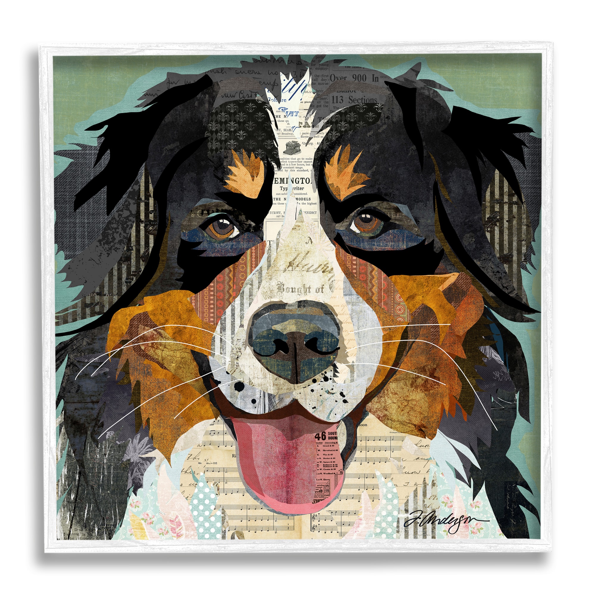 Stupell Industries Bernese Mountain Dog Ephemera Collage Framed Giclee Art