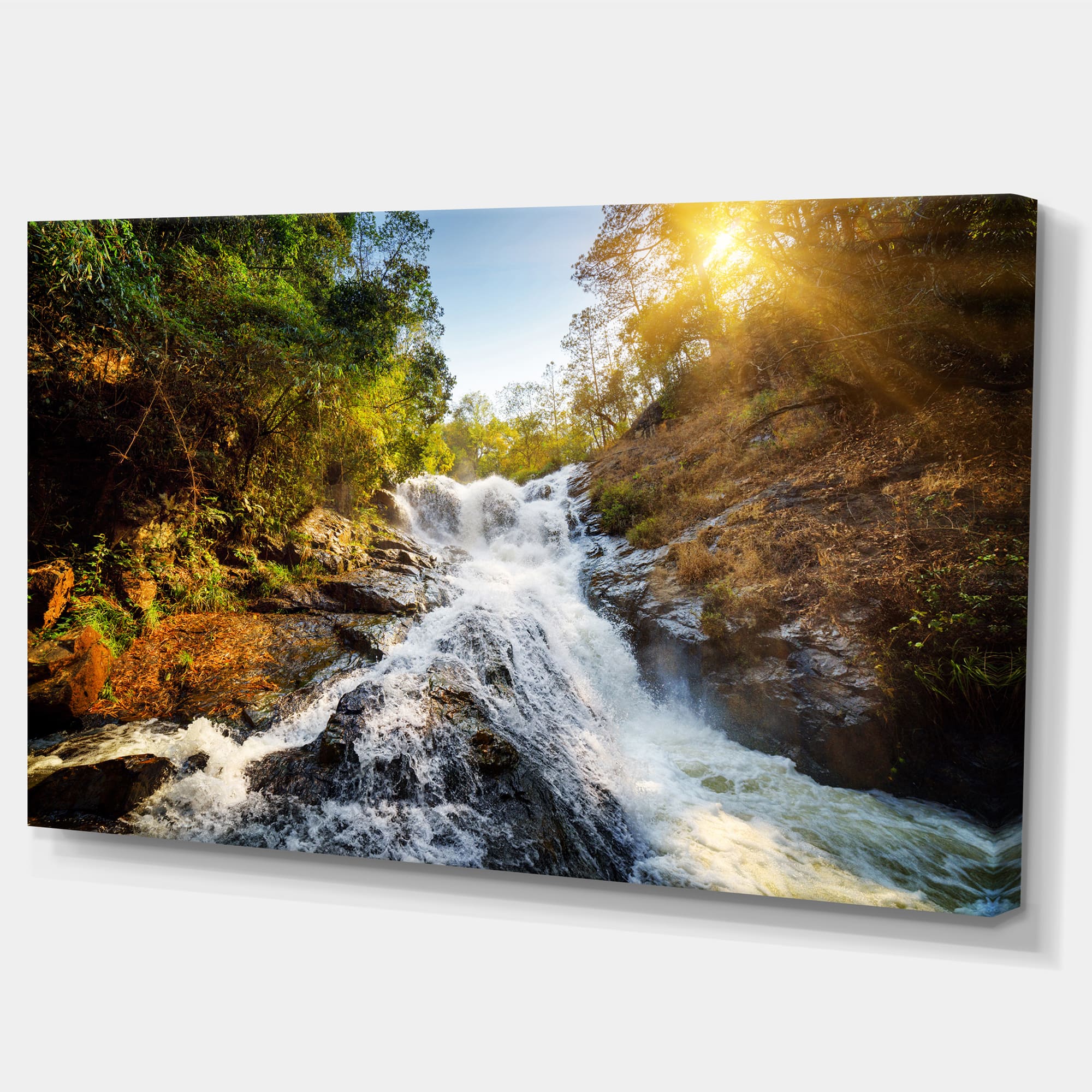 Designart - Waterfall through the Forest - Landscape Canvas Art Print