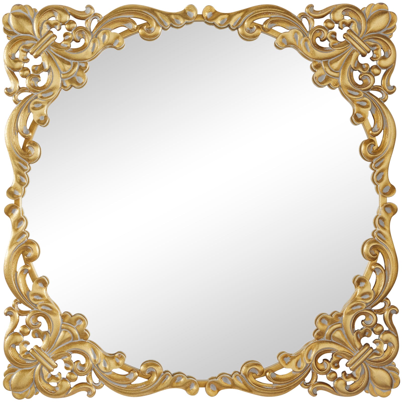 Gold Metal Carved Acanthus Floral Wall Mirror with Distressed Details 30&#x22; x 2&#x22; x 30&#x22;