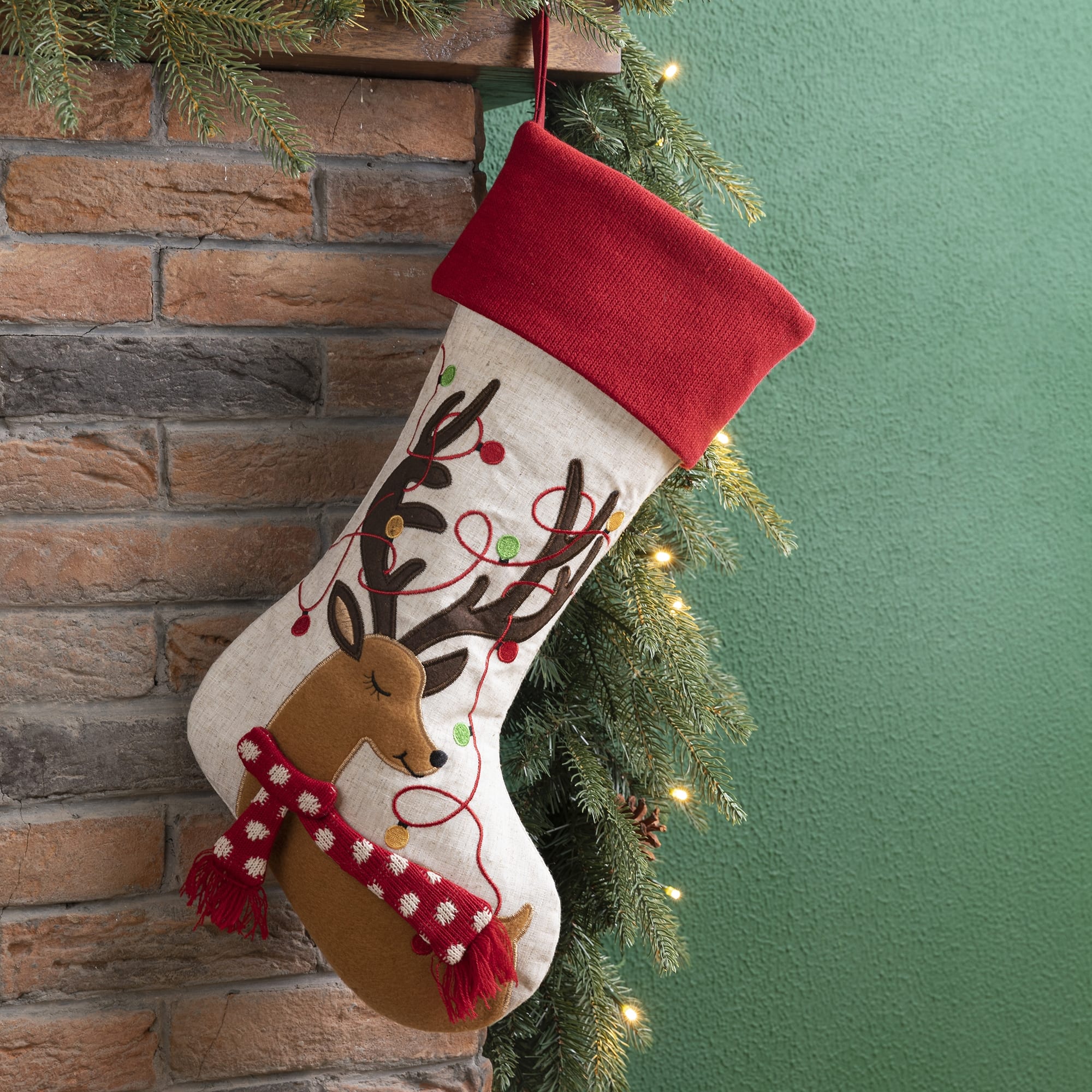 Glitzhome&#xAE; 21&#x22; LED Embroidered Reindeer Linen Christmas Stocking