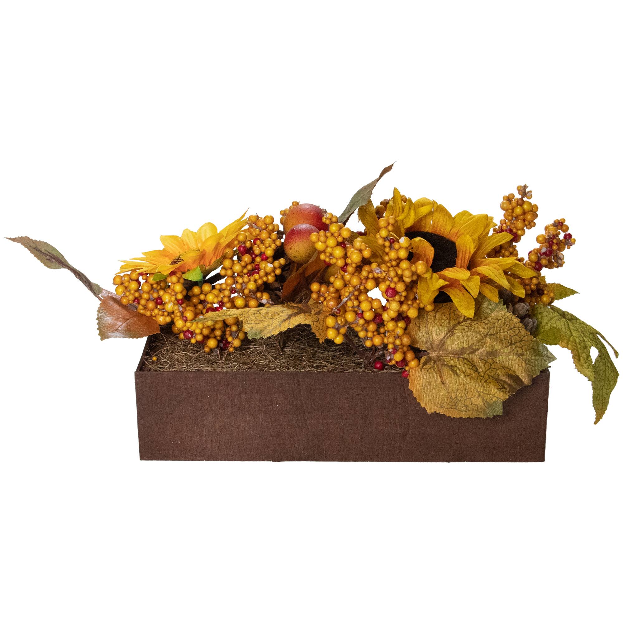 10" Yellow & Brown Sunflowers & Leaves Fall Harvest Floral Arrangement