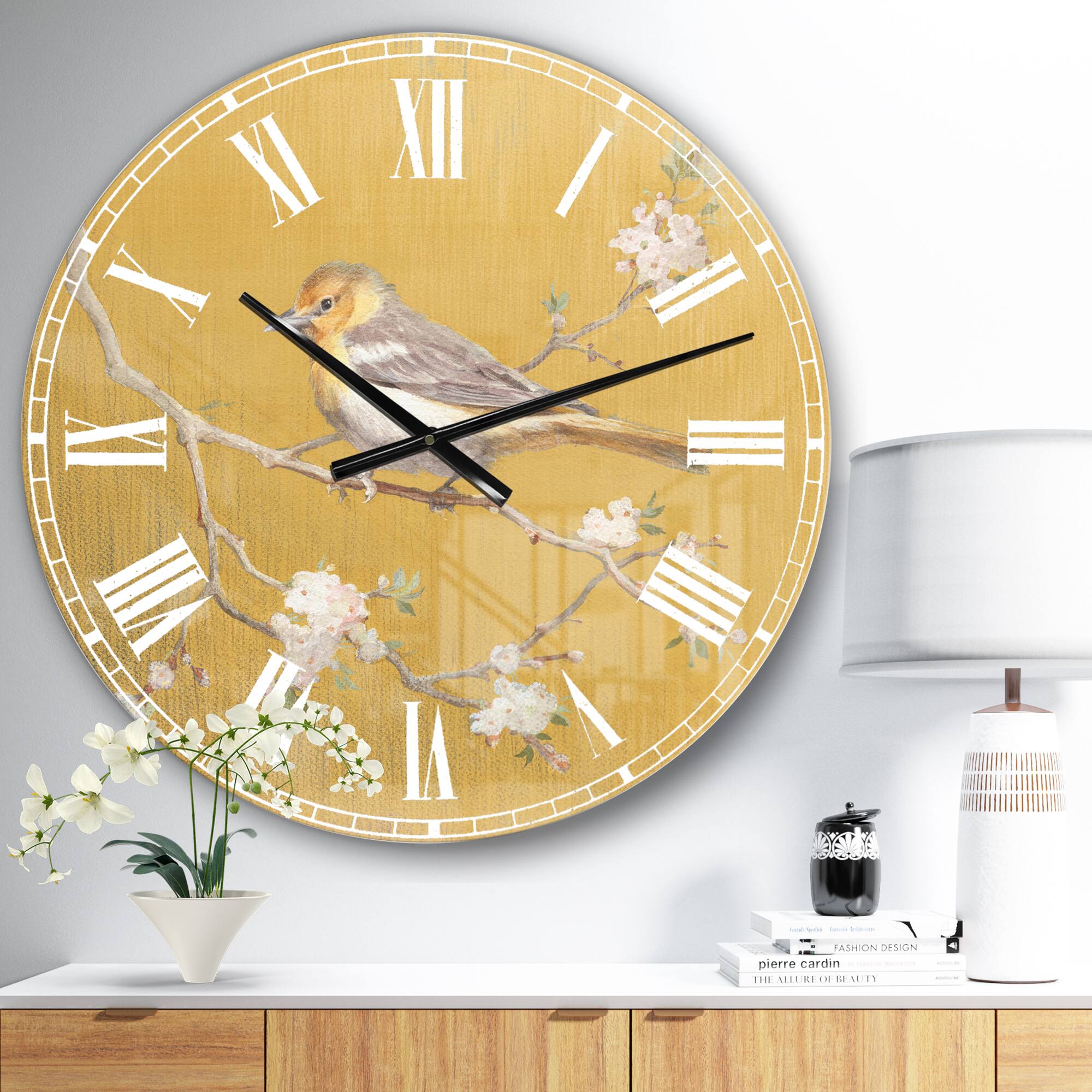 Designart &#x27;Gold Bird On Blossoms I Traditional Wall Clock