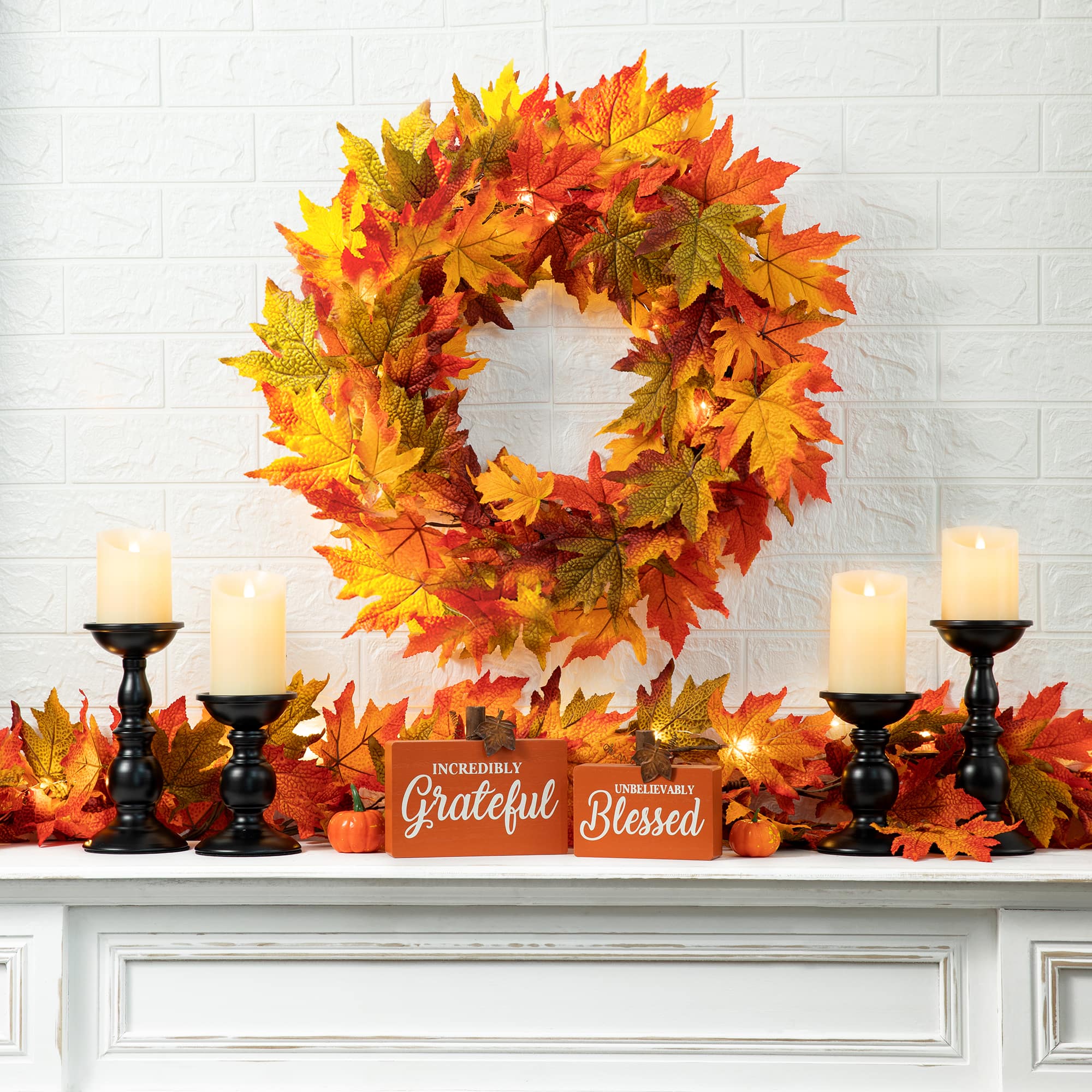 Glitzhome&#xAE; Lighted Fall Maple Leaves Garland &#x26; Wreath Set