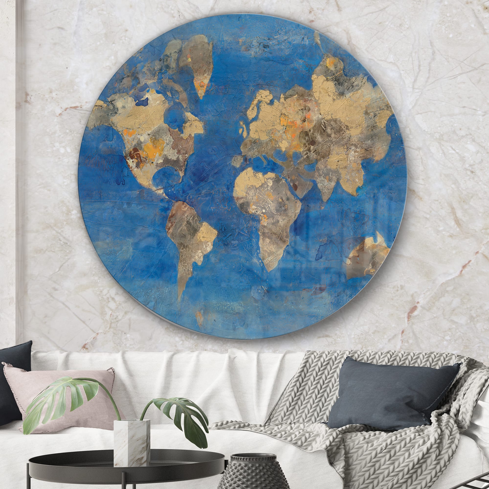 Designart - Golden Blue World Map - Traditional Metal Circle Wall Art